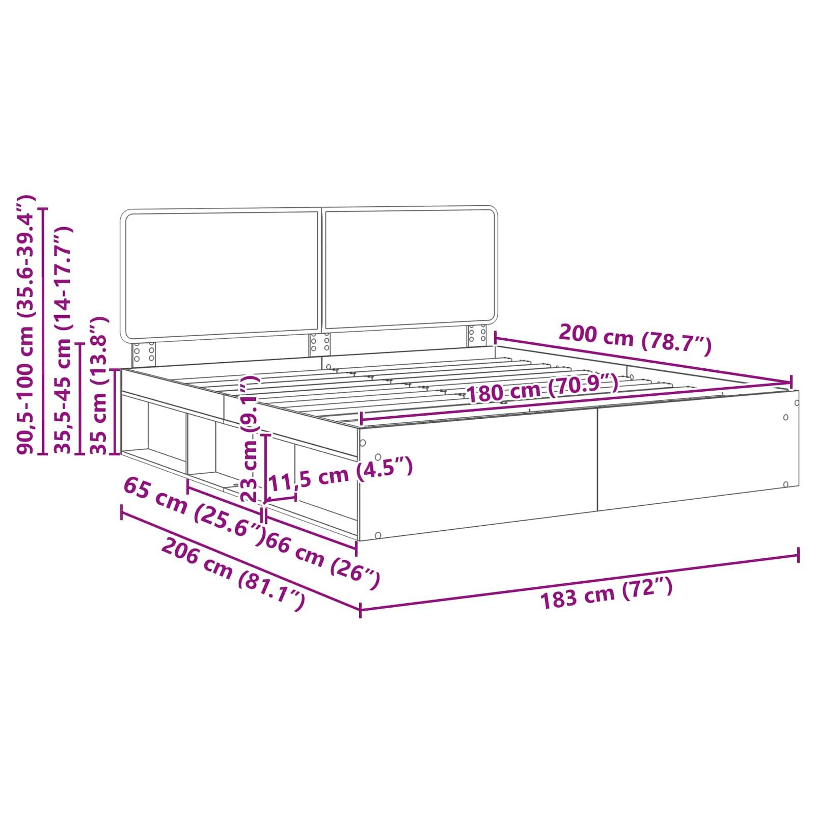 Diagramm eines Bettgestells mit Maßen: Länge 206 cm, Breite 183 cm, Höhe 90,5-100 cm. Matratzengröße: 180 x 200 cm.
