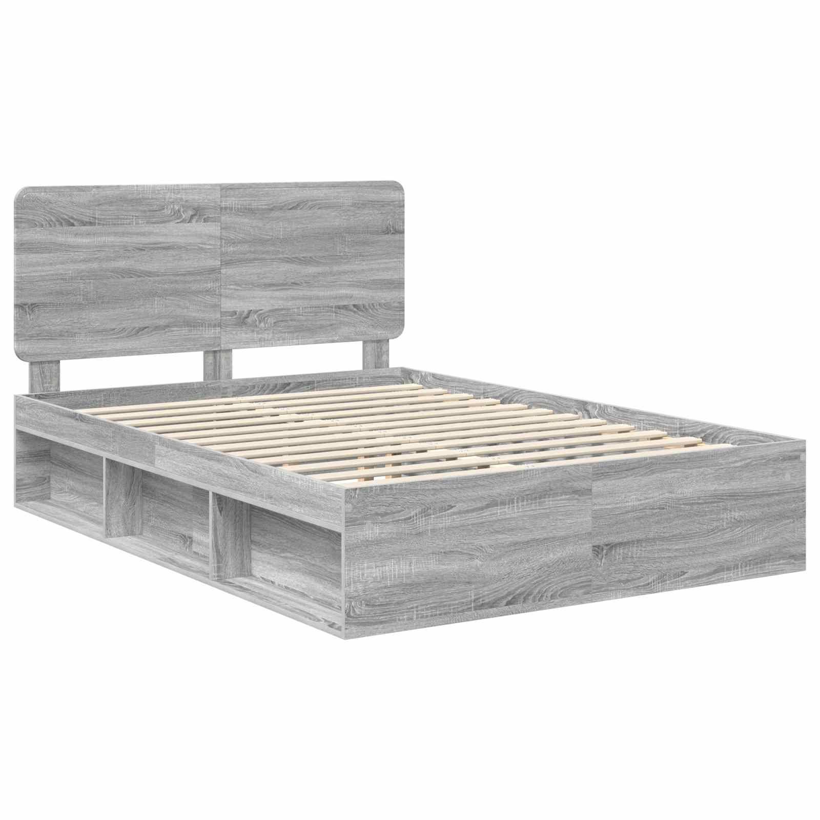 Holzbettgestell mit hohem Kopfteil und sichtbaren Latten zur Matratzenunterstützung, in einer hellen Grauholz-Optik.