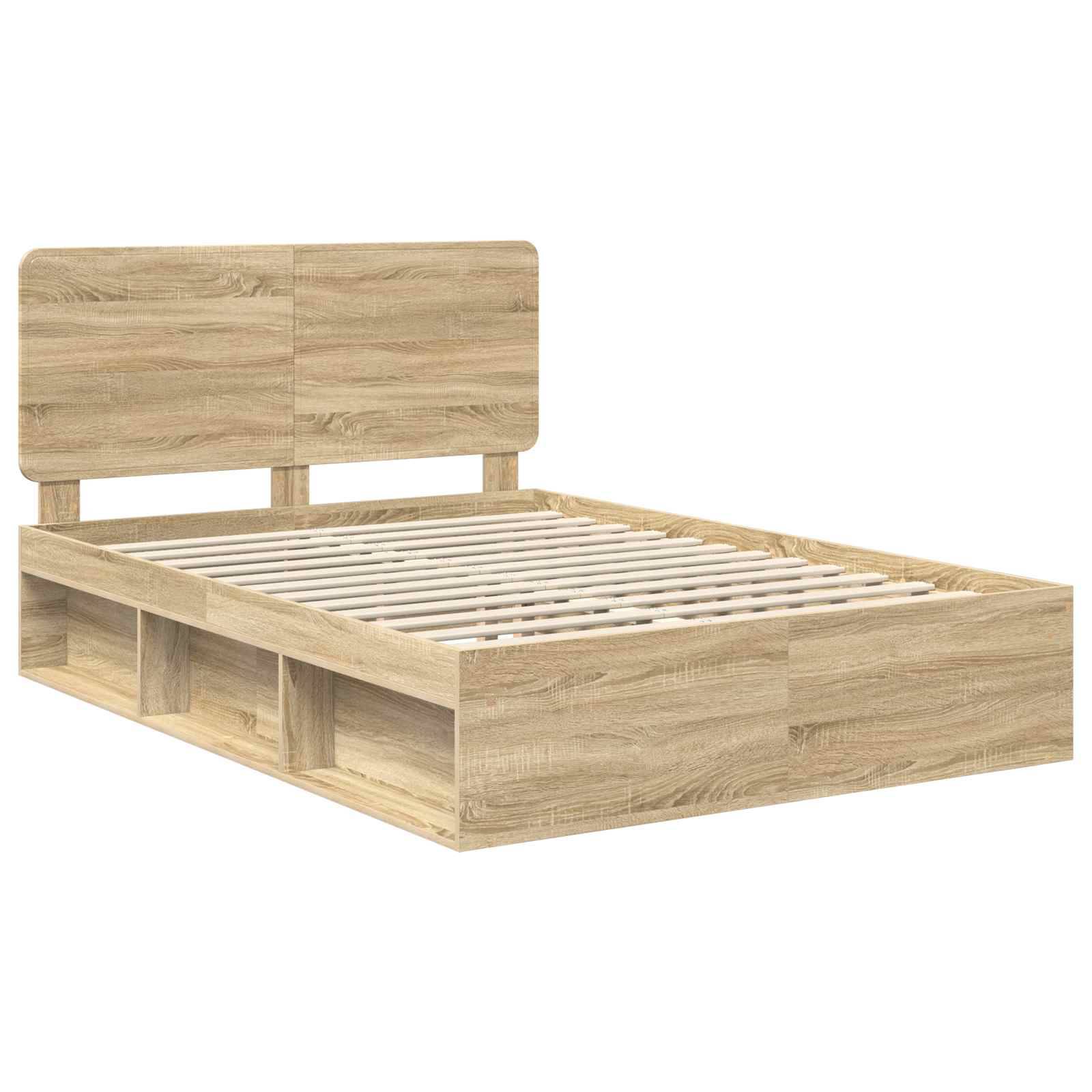 Ein Holzbettgestell mit Kopfteil, ausgestattet mit Stauraummöglichkeiten unter dem Bett. Das Gestell hat eine natürliche Holzoberfläche und eine Lattenrost-Basis.
