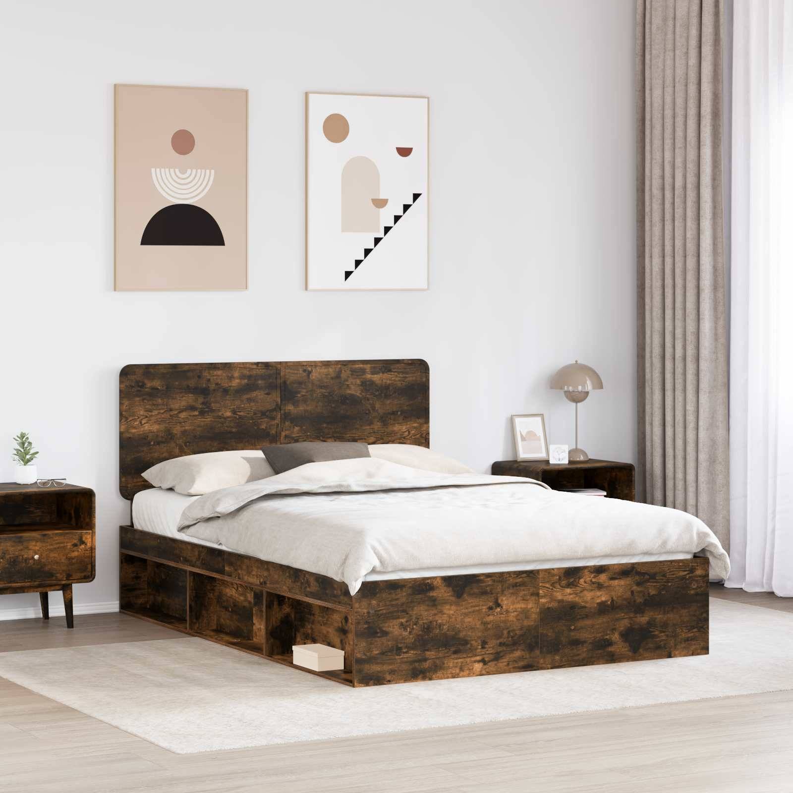 vidaXL Bettrahmen Geräucherte Eiche 140 x 200 cm Massives Kiefernholz
