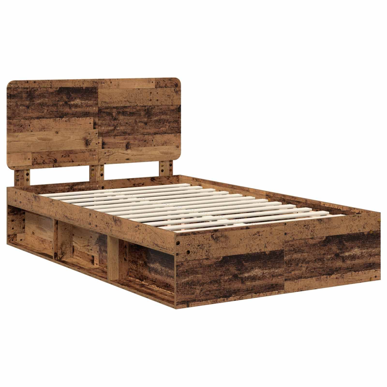 Ein Holzbettgestell mit rustikaler Oberfläche, das einen Kopfteil und Stauraum darunter aufweist. Die Lattenrost ist ohne Matratze sichtbar.