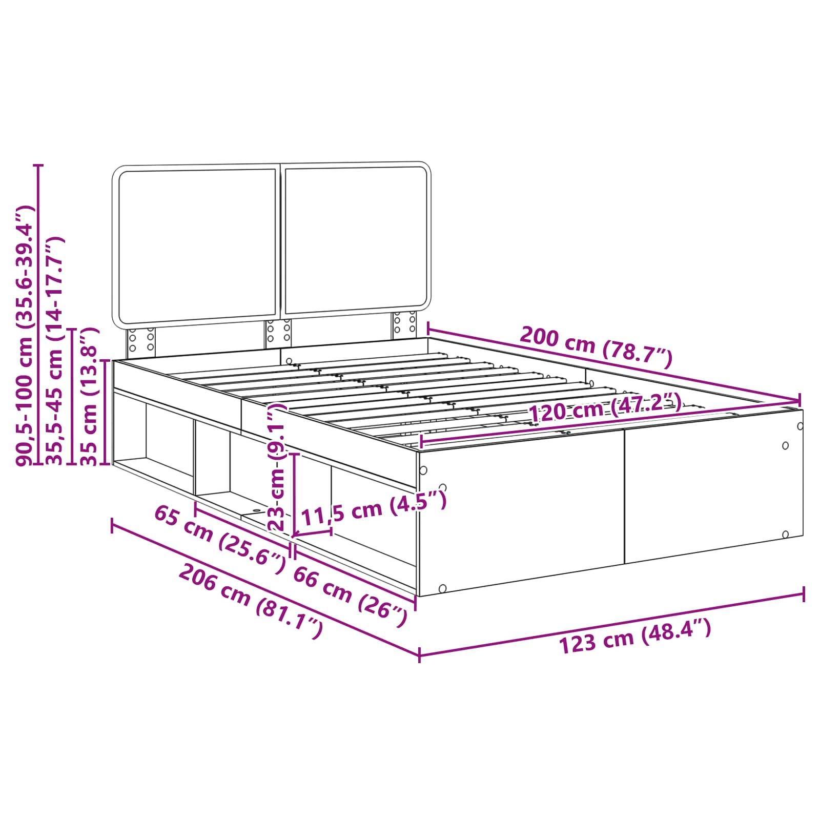 Bettrahmen-Abmessungen: Länge 206 cm, Breite 123 cm; Kopfteilhöhe verstellbar von 90,5 cm bis 100 cm. Inklusive Bettkasten.