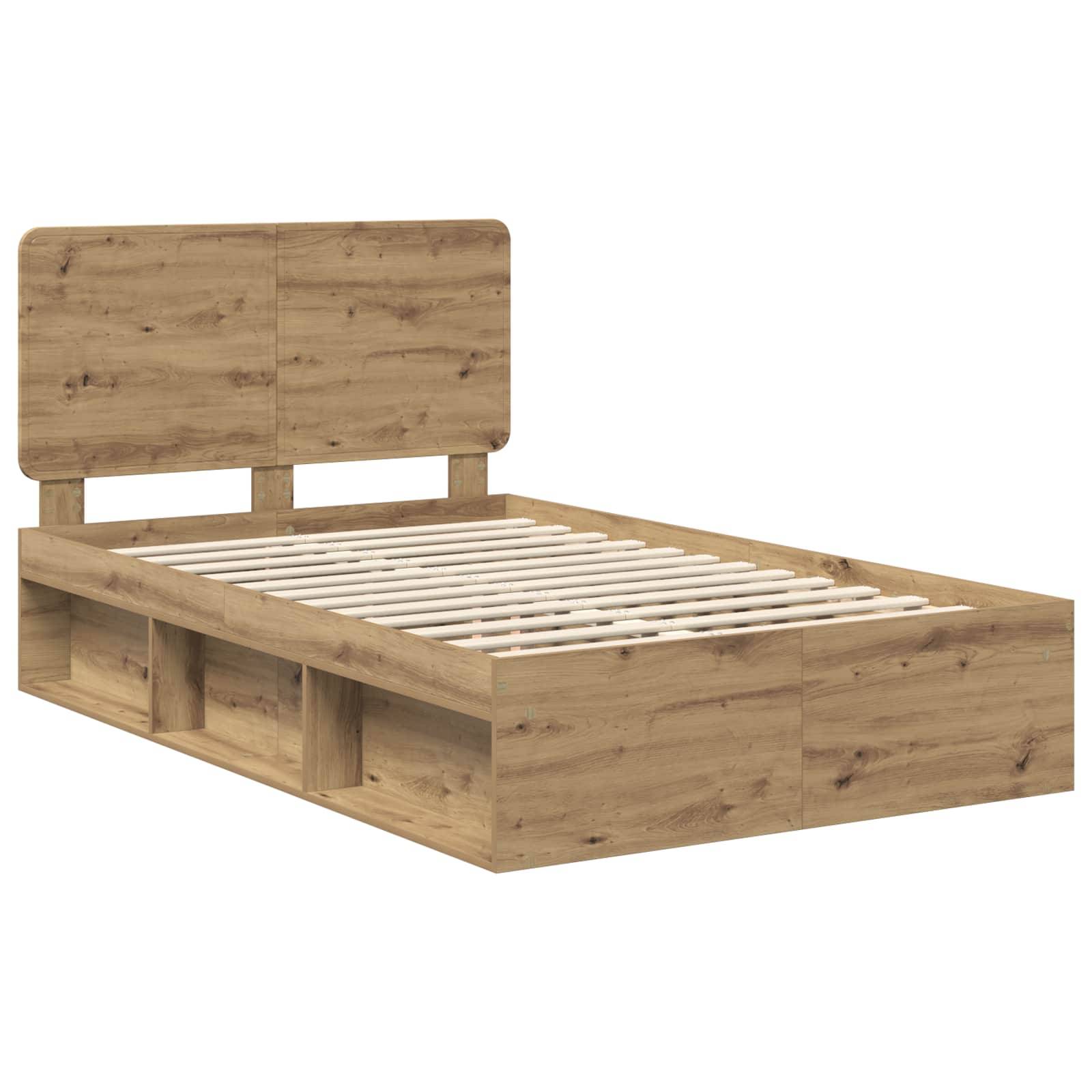 Ein Holzbettgestell mit integriertem Kopfteil und Stauraummöglichkeiten unter dem Bett. Es ist keine Matratze vorhanden.