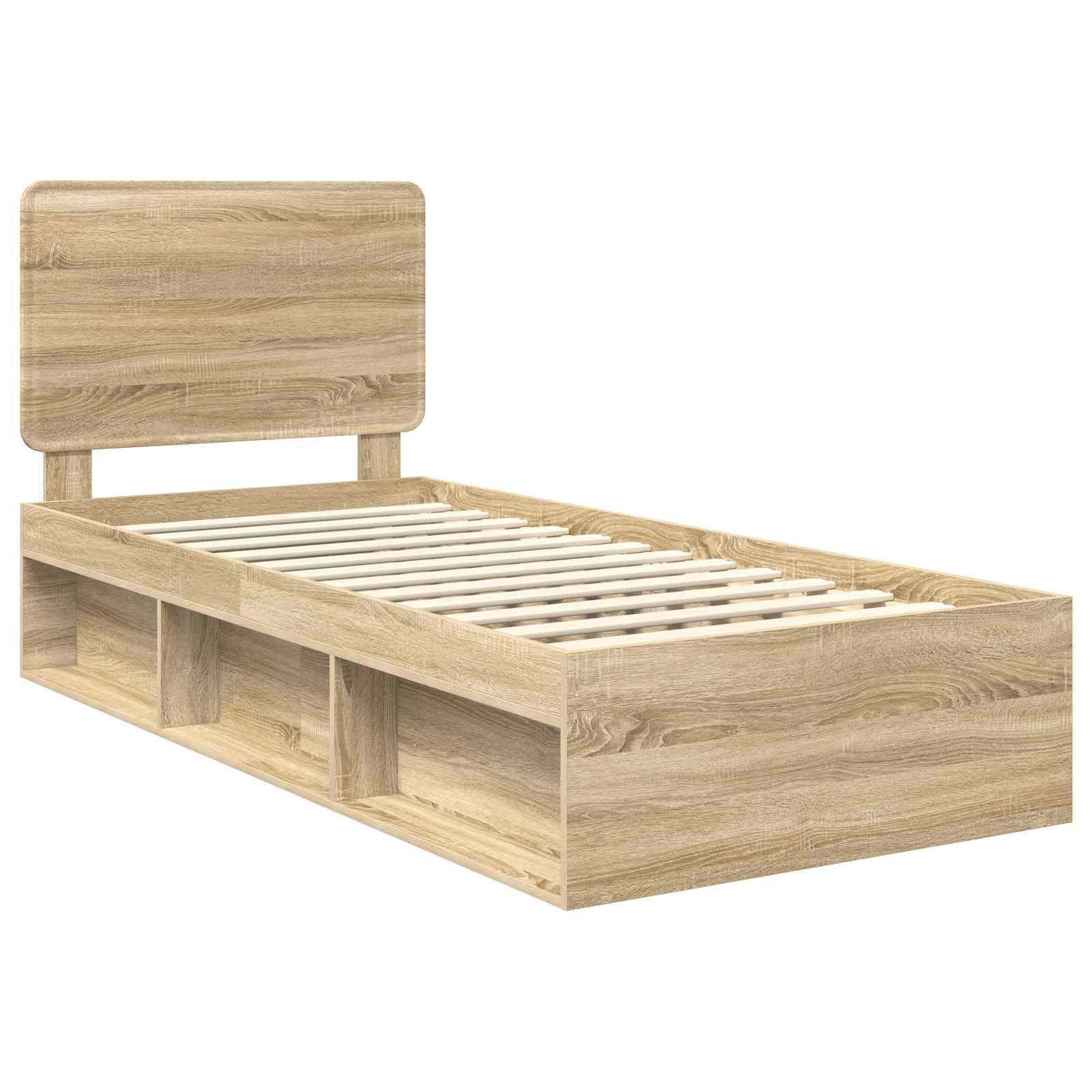 Ein Holz-Einzelbettgestell mit vertikaler Kopfstütze, das drei offene Stauraumbereiche darunter aufweist.