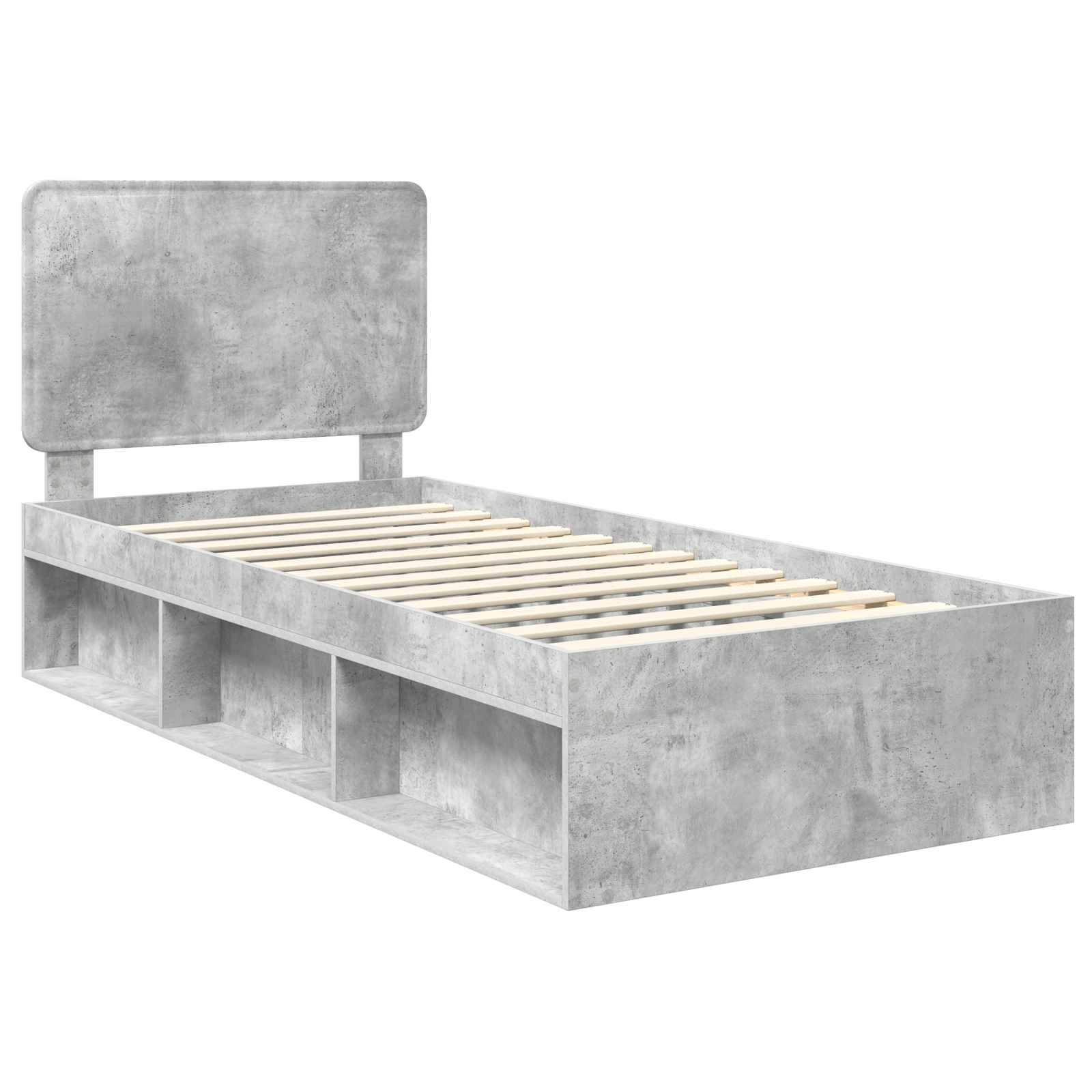 Ein modernes, minimalistisches Betonplattformbett mit einem hohen Kopfteil, das integrierte Aufbewahrungsregale in der Basis aufweist.