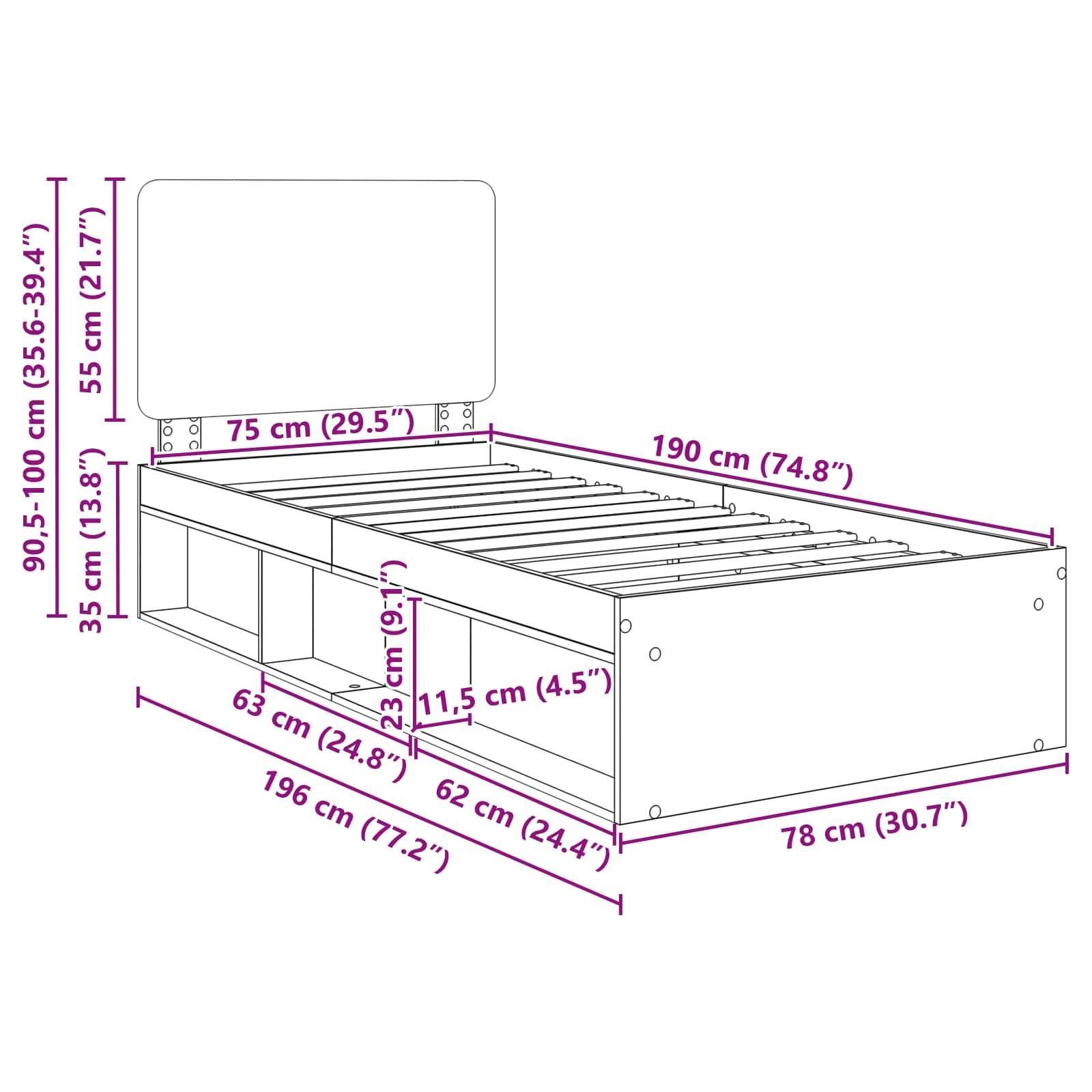 Plattformbett-Diagramm mit Maßen: Höhe 90,5-100 cm, Breite 190 cm, Länge 196 cm; Details zum Kopfteil und Stauraum enthalten.
