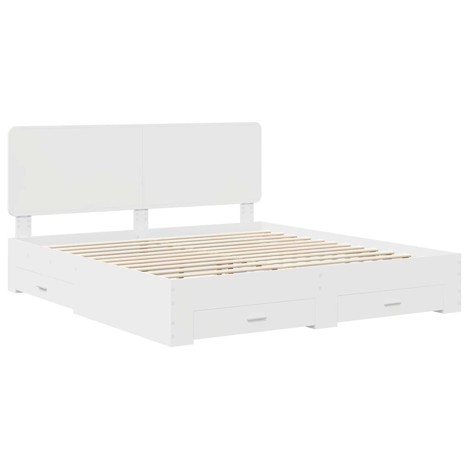Weißer Holzbettenrahmen mit Kopfteil und Lattenrost. Ausgestattet mit zwei Staurageschubladen am unteren Ende. Schlichtes, modernes Design.