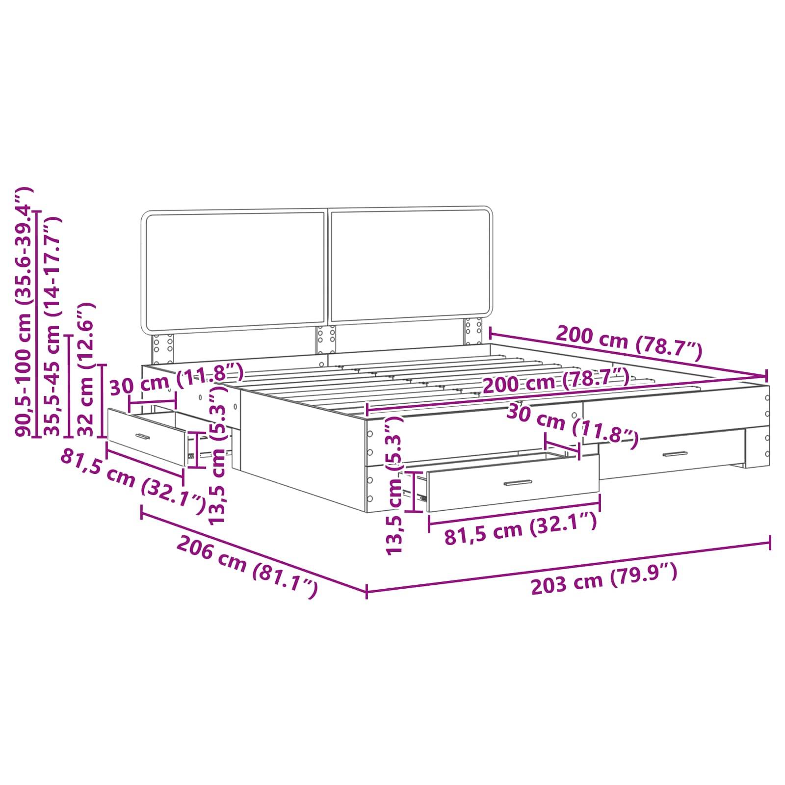 Bettrahmen-Diagramm mit Maßen: Länge 206 cm, Breite 200 cm, Höhe 90,5-100 cm. Inkl. 2 Schubladen (32,1 cm breit) und Kopfteil.