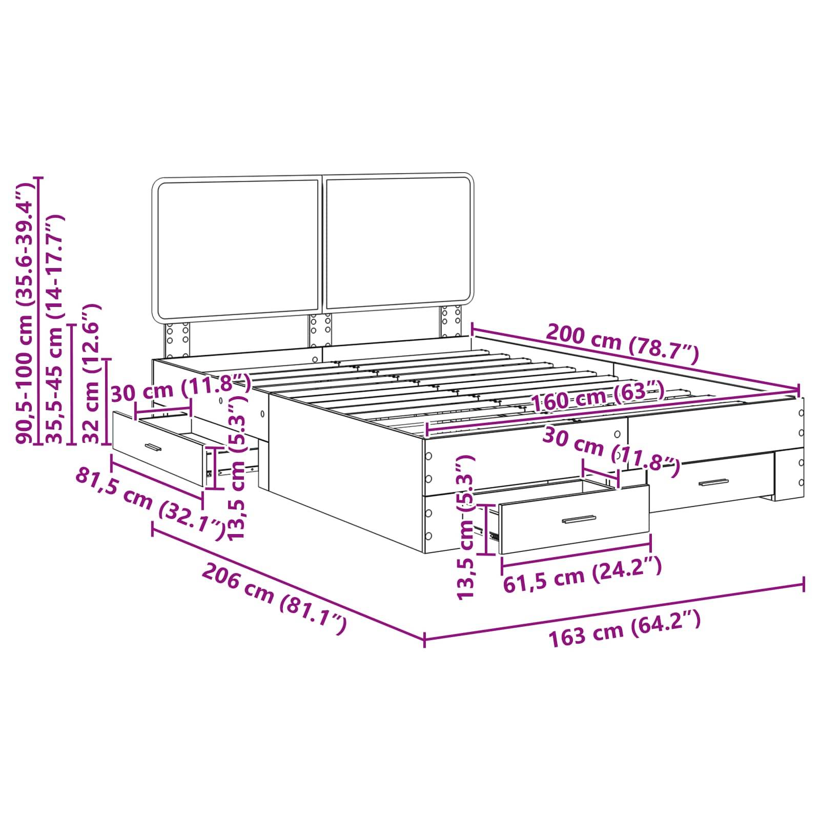 Darstellung eines Bettgestells mit Kopfteil und Staurageschubladen. Abmessungen: Breite 163 cm, Länge 206 cm, Höhe 95-100 cm.