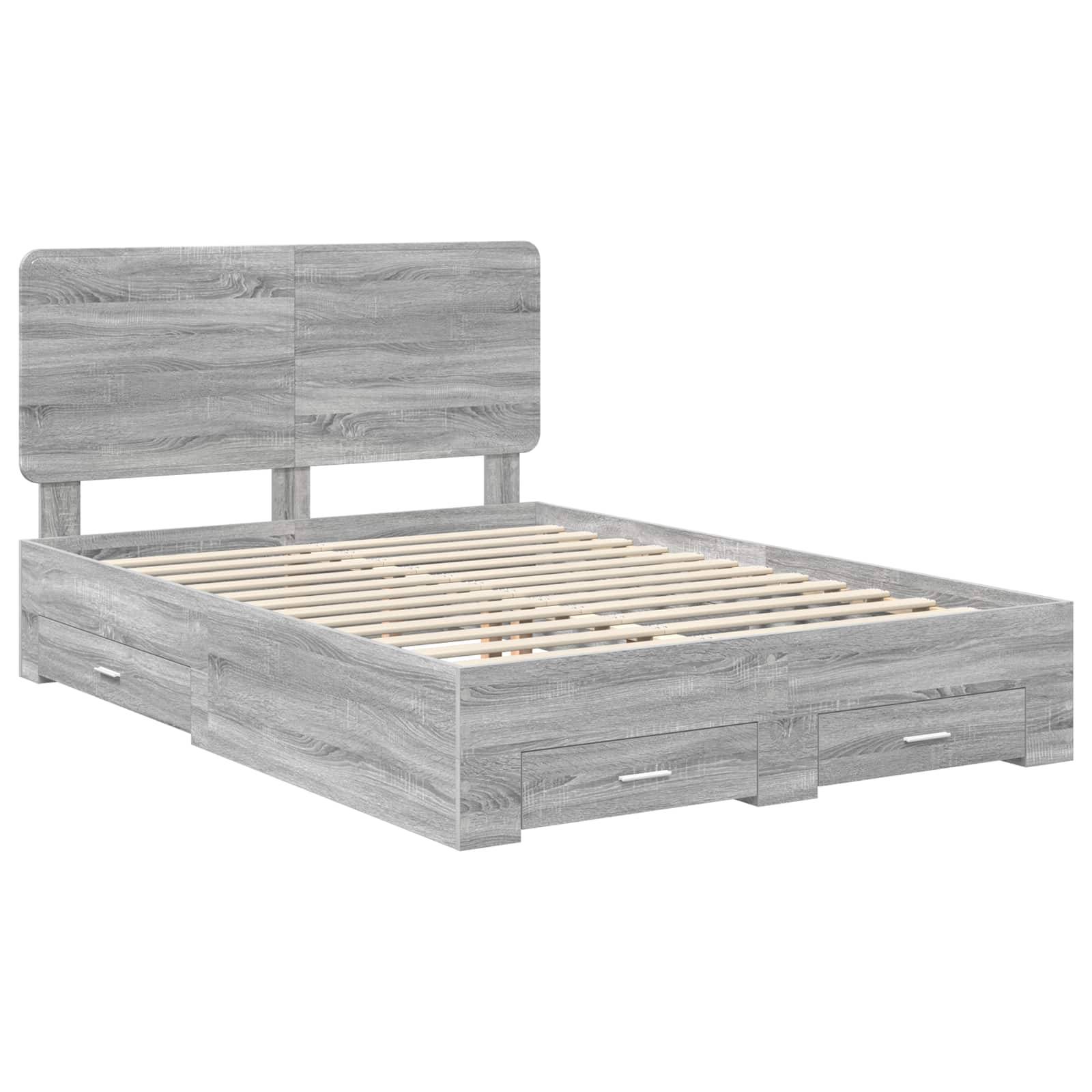 Ein grauer Holzbettrahmen mit einem Kopfteil und zwei Aufbewahrungsschubladen an jeder Seite. Die Latten sind sichtbar und bieten Matratzenunterstützung.