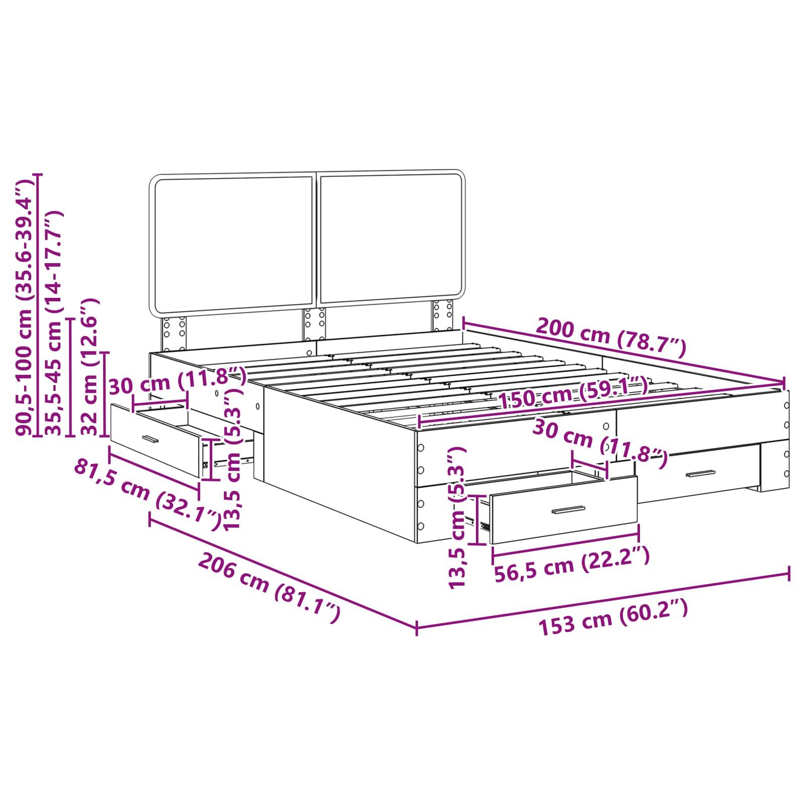 Illustration eines Bettes mit beschrifteten Lagerdimensionen: Breite 153 cm, Länge 206 cm, Höhe 95-100 cm. Inklusive Schubladen und Kopfteil.