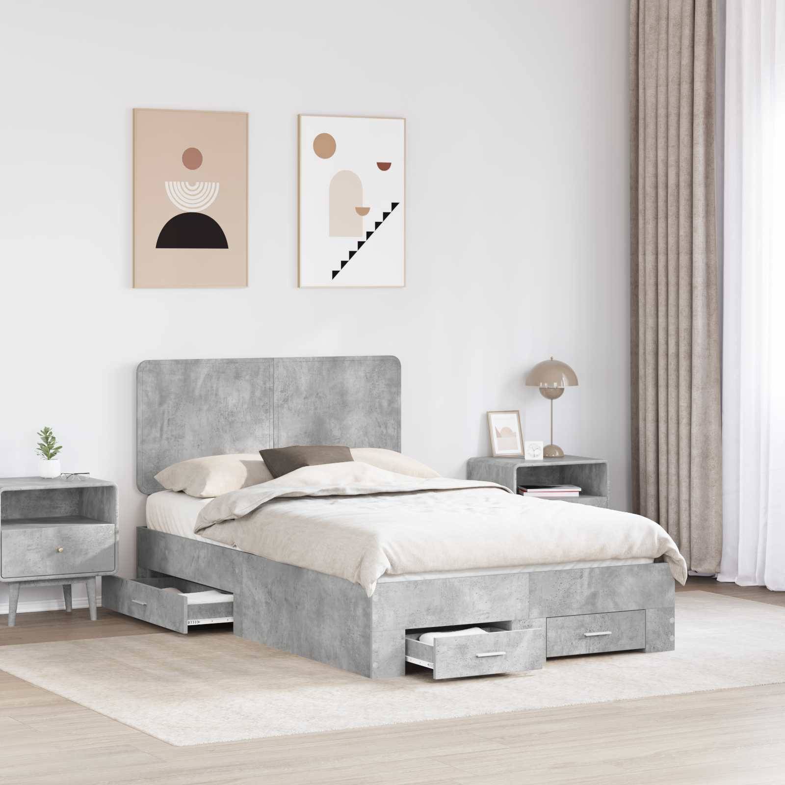 vidaXL Bettrahmen mit Kopfteil Beton Grau 135 x 190 cm Holzwerkstoff