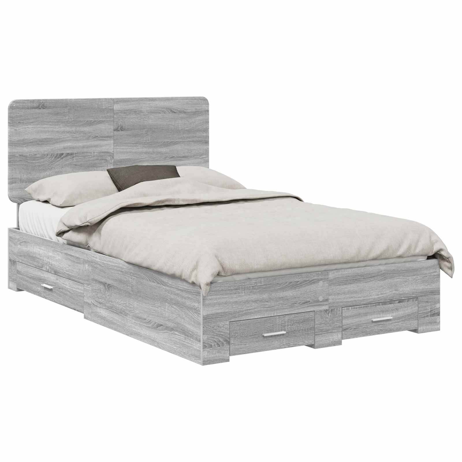 Holzplattformbett mit vier Schubladen zur Aufbewahrung, mit grauer Beschichtung und schlichtem, modernem Design. Die Bettwäsche ist in neutralen Farbtönen gehalten.