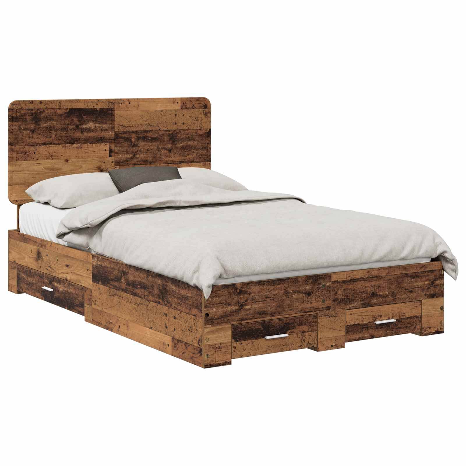 Ein Holzbett mit hohem Kopfteil und Unterbett-Schubladen zur Aufbewahrung, mit weißen Laken und Kissen.
