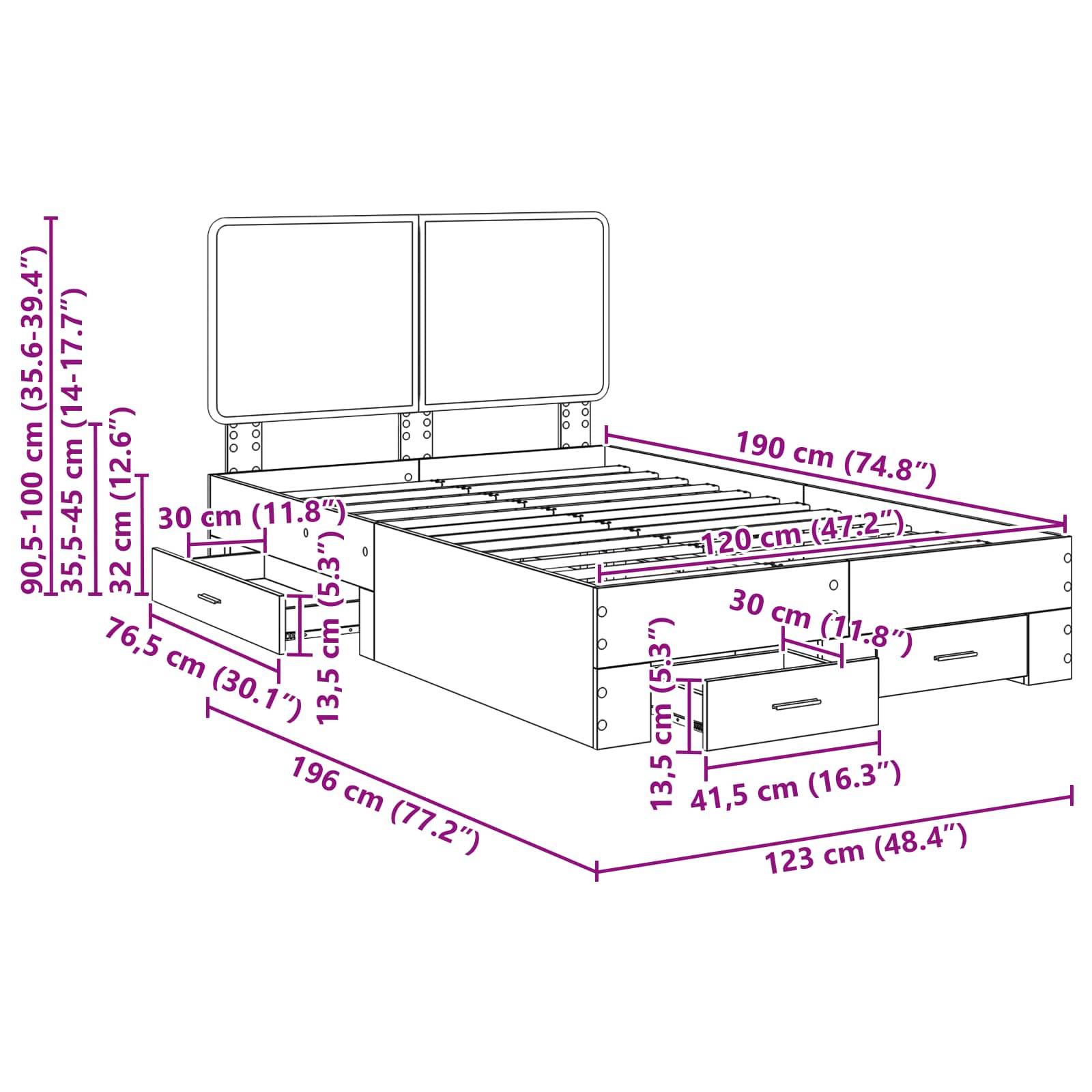 Eine Linienzeichnung eines Bettes mit Maßen: 190 cm lang, 120 cm breit. Enthält zwei Schubladen, jeweils: 41,5 cm breit, 32 cm hoch. Die Kopfseite ist 90,5-100 cm hoch.