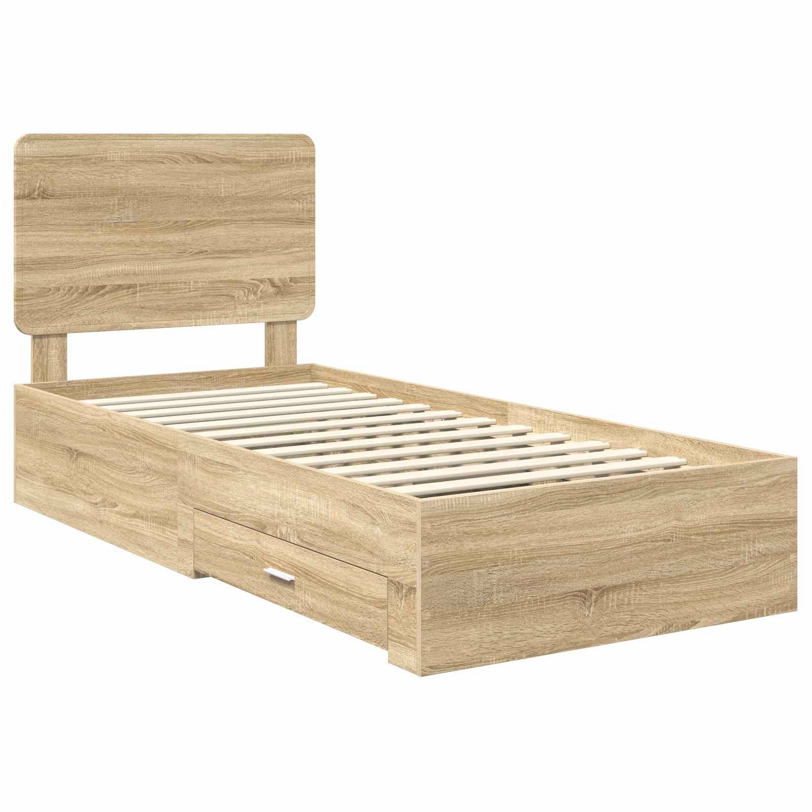 Ein Holz-Einzelbettgestell mit Lattenrost, integriertem Kopfteil und zwei Schubladen darunter zur Aufbewahrung.