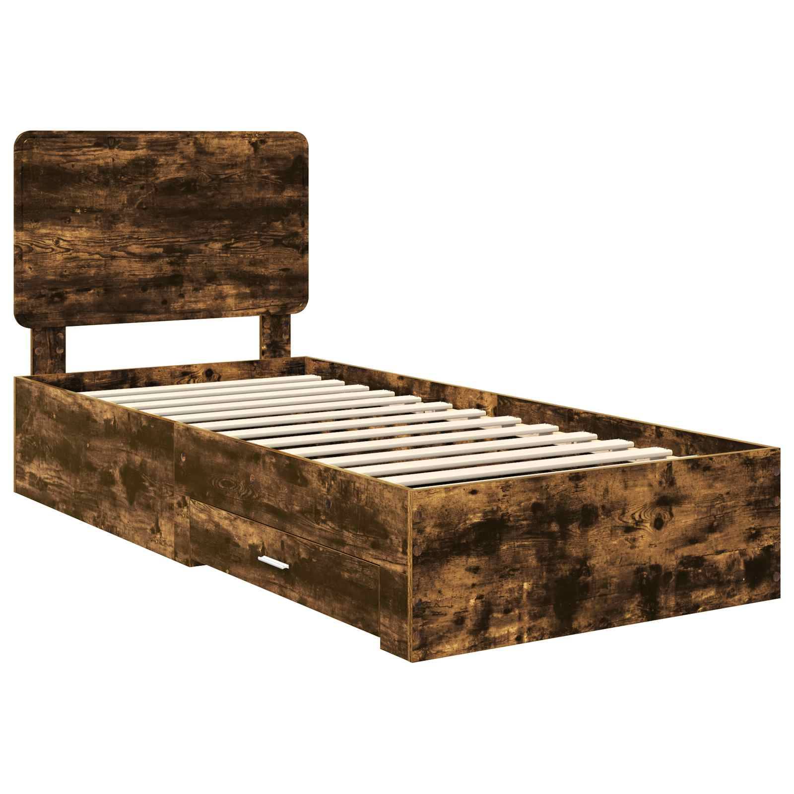 Ein rustikales Holz-Einzelbettgestell mit Kopfteil und zwei großen Aufbewahrungsschubladen darunter, konzipiert für ein zeitgenössisches Schlafzimmer.