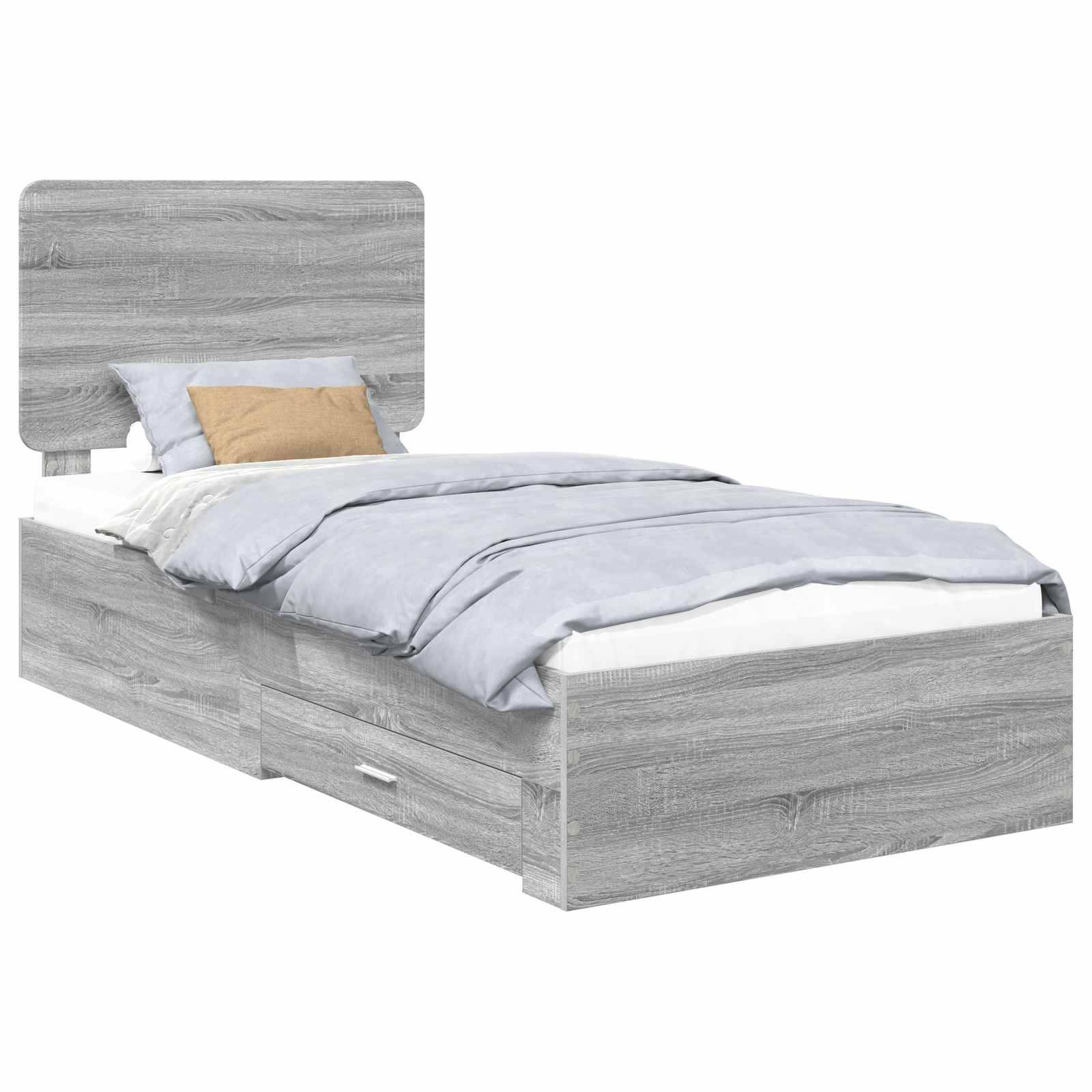 Ein Holzbett mit einer hellgrauen Beschichtung, das einen gepolsterten Kopfteil, graue Bettwäsche und ein braunes Akzentkissen aufweist.