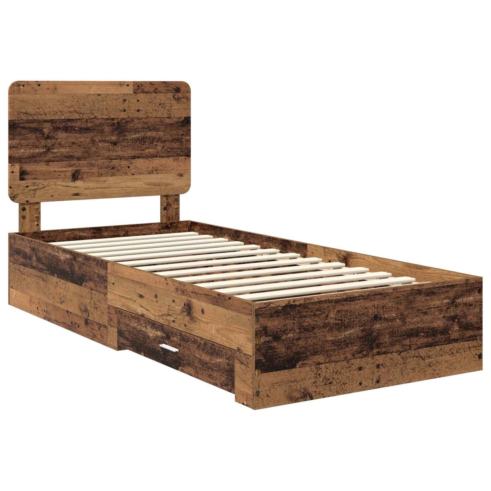 Ein Holz-Einzelbettgestell mit rustikaler Oberfläche, ausgestattet mit einem hohen Kopfteil und einem Lattenrost sowie einer integrierten Schublade darunter.