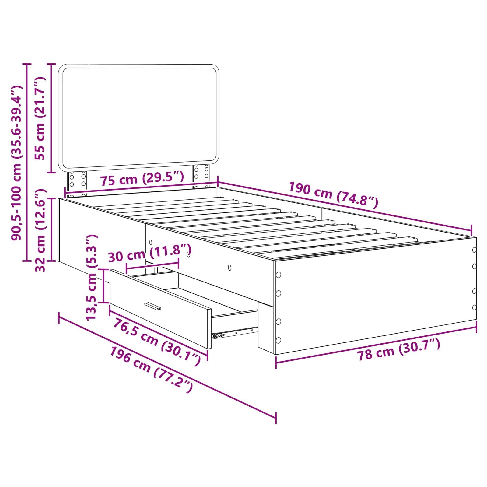 Bettrahmenabmessungen: Höhe 90,5-100 cm, Breite 190 cm, Tiefe 196 cm. Merkmale: Kopfteil, Seiten- und Frontstaurageschubladen, Regale.