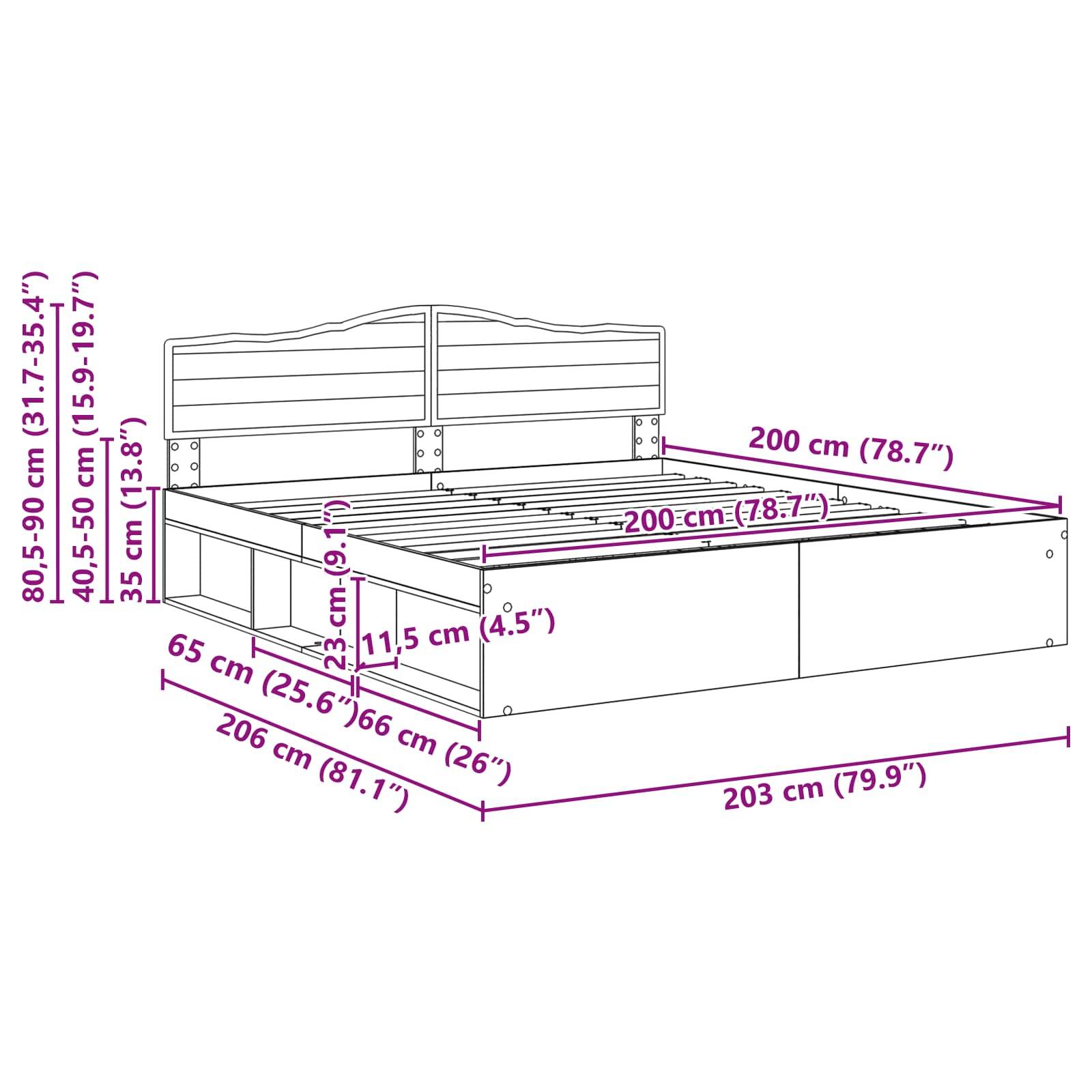Diagramm eines Bettgestells mit Maßen in Zentimetern. Breite: 200 cm, Länge: 203 cm, Höhe: 80-90 cm. Enthält Aufbewahrungsschubladen.