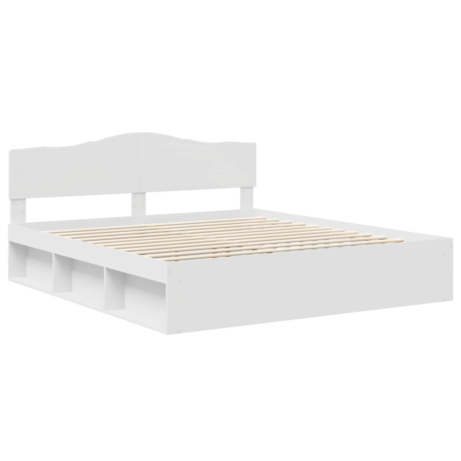 Weißes Holzbettgestell mit Kopfteil und Lattenrost, das seitliche Unterbett-Aufbewahrungsregale aufweist.