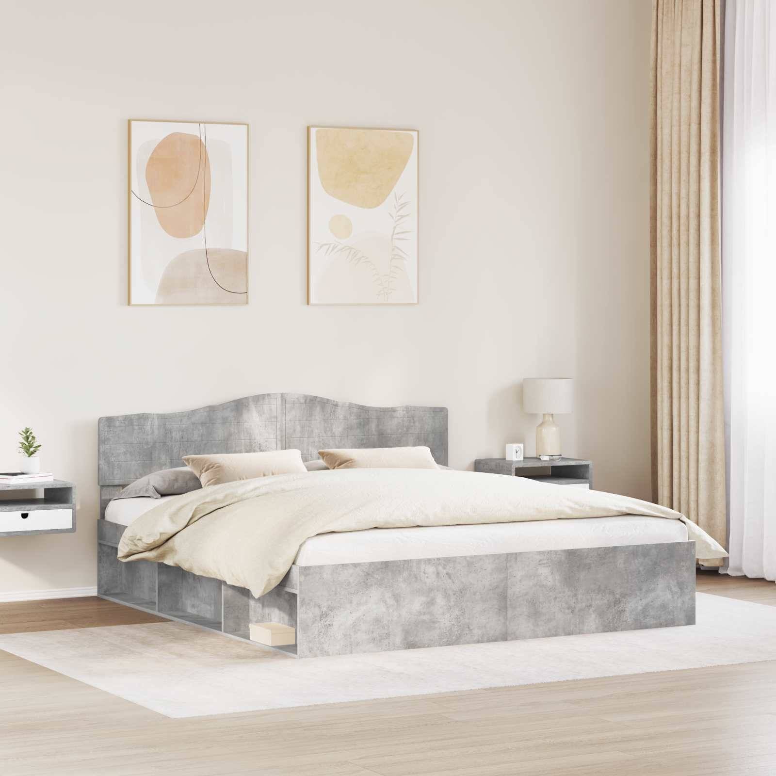 Ein modernes Schlafzimmer mit einem grauen Bett, beigen Bettwäsche, schwebendem Nachttisch, Lampe, Topfpflanze, abstrakter Wandkunst und großem Fenster.