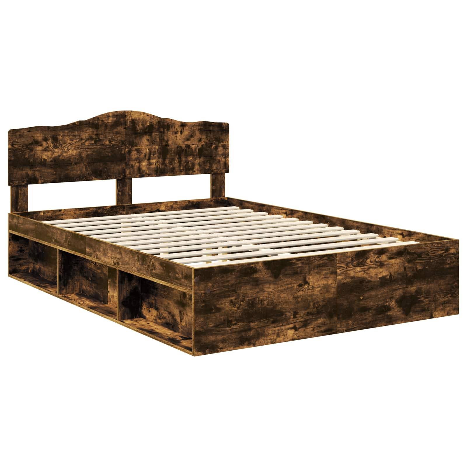 Dunkles Holzbett mit Kopfteil und integrierten Ablageregalen an den Seiten. Der Rahmen verfügt über Holzlatten zur Matratzenunterstützung.