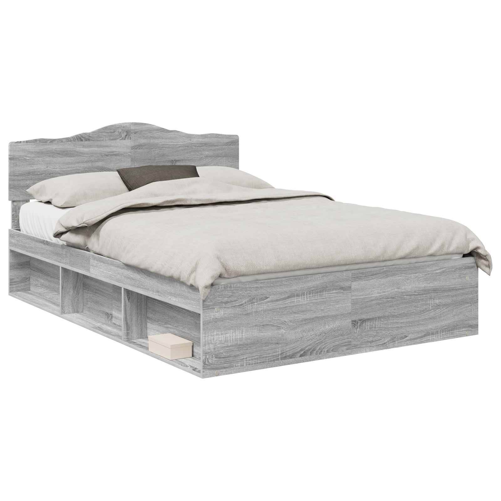 Ein Holzbettgestell mit Stauraumfächern darunter, ausgestattet mit einem Kopfteil und einem grauen, rustikalen Finish. Das Bett ist ordentlich gemacht mit weißer Bettwäsche.