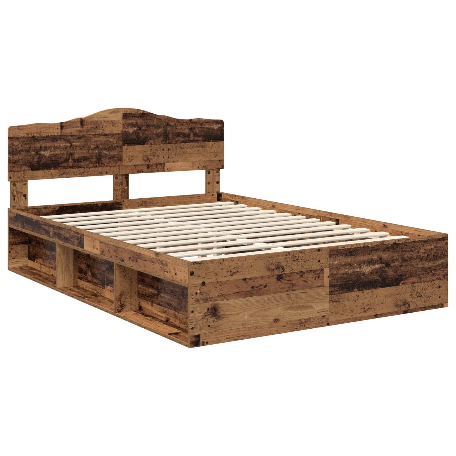 Ein Holzbettgestell mit rustikalem Design, ausgestattet mit einem massiven Kopfteil und einer Lattenrost-Basis, geeignet für eine Doppelmatratzengröße.