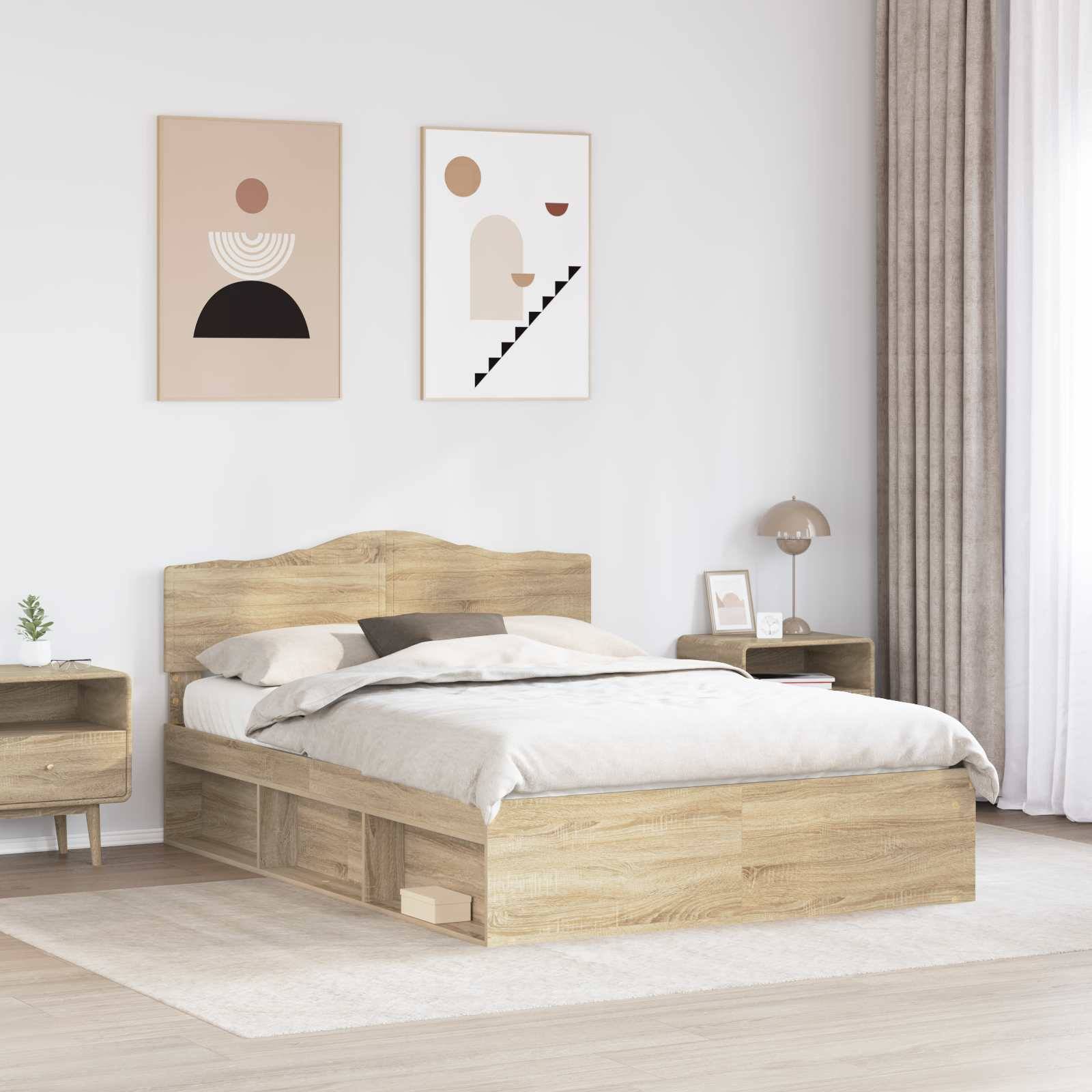 Ein modernes Schlafzimmer verfügt über ein Holzbett mit Aufbewahrungsschubladen, passenden Nachttischen, zwei abstrakten Wandkunstwerken und einer Schreibtischlampe.