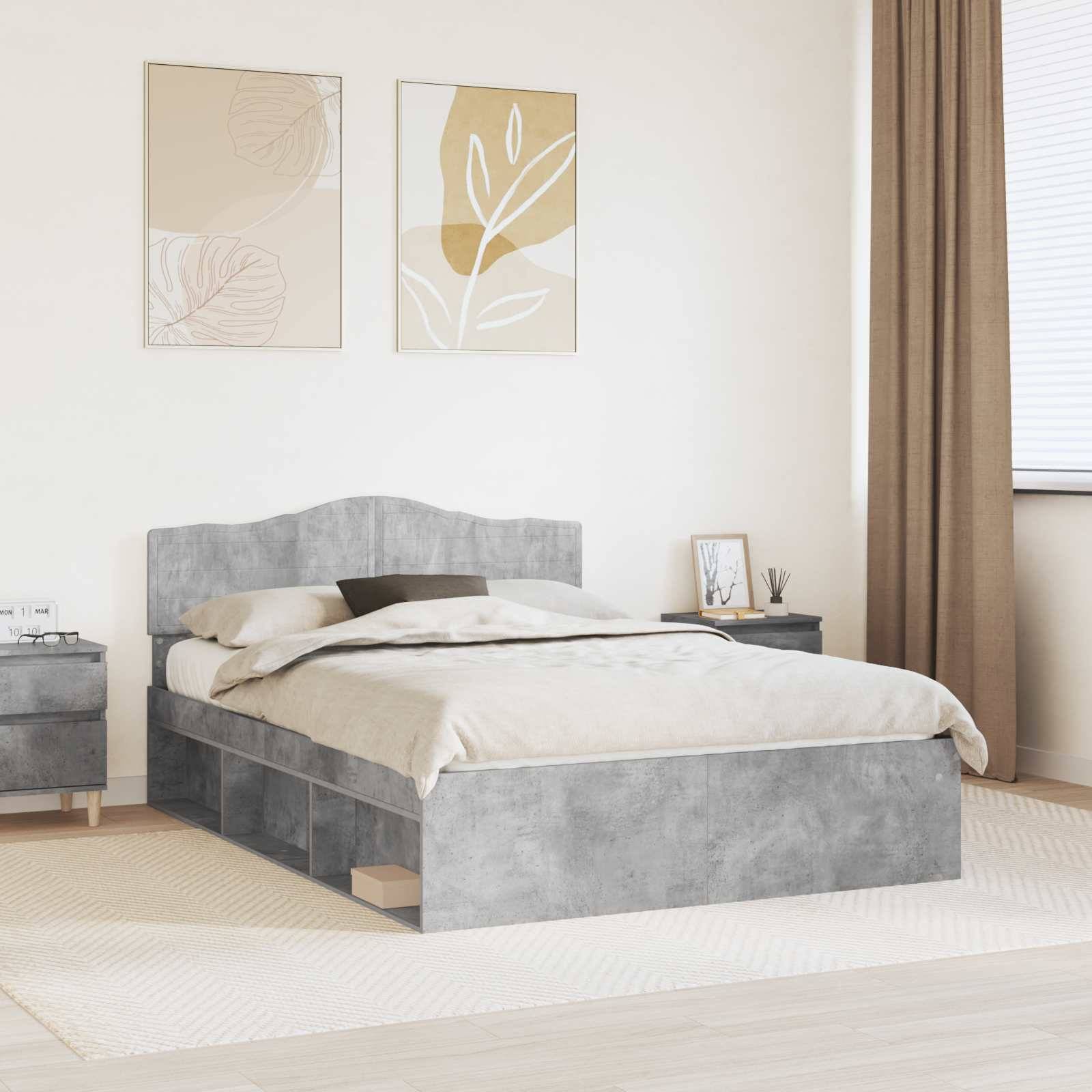 Ein modernes Schlafzimmer zeigt ein graues gepolstertes Bett, einen passenden Nachttisch, einen beigen Teppich und abstrakte Kunst an der Wand, durchflutet von natürlichem Licht eines Fensters.