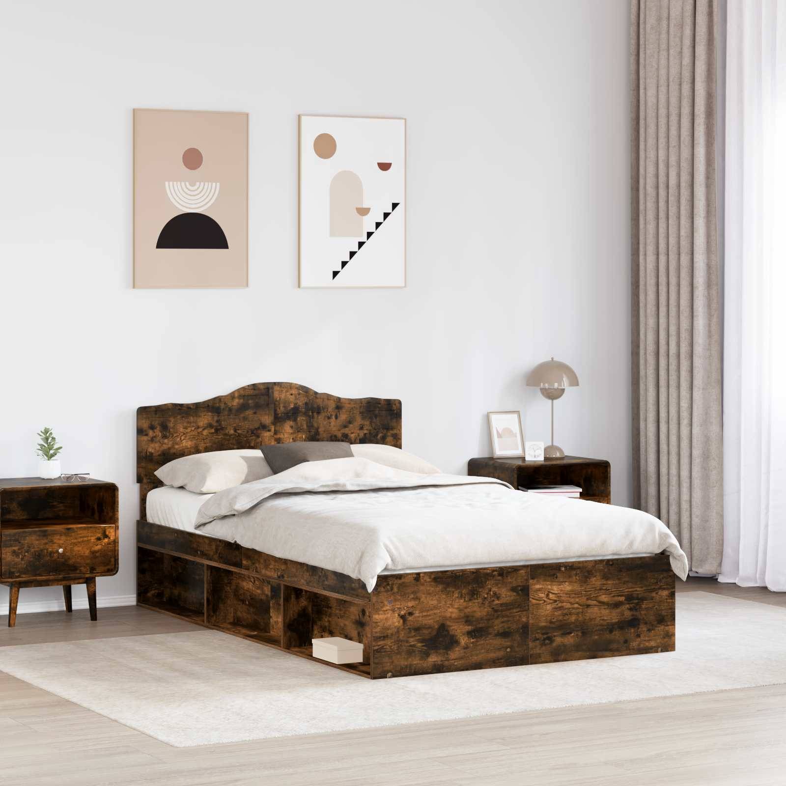 vidaXL Bettrahmen Geräucherte Eiche 135 x 190 cm Massives Kiefernholz