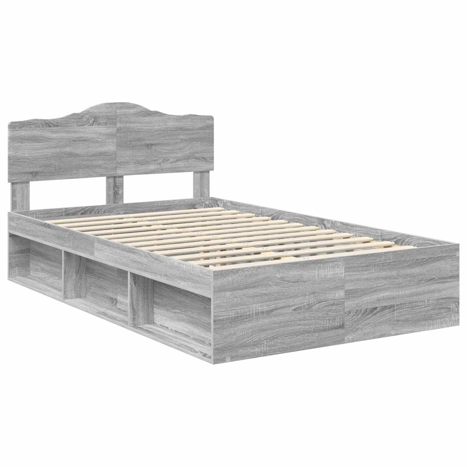 Ein grauer Holzbettrahmen mit einem Kopfteil und zwei Stauraum-Fächern darunter, der ein modernes Design präsentiert.