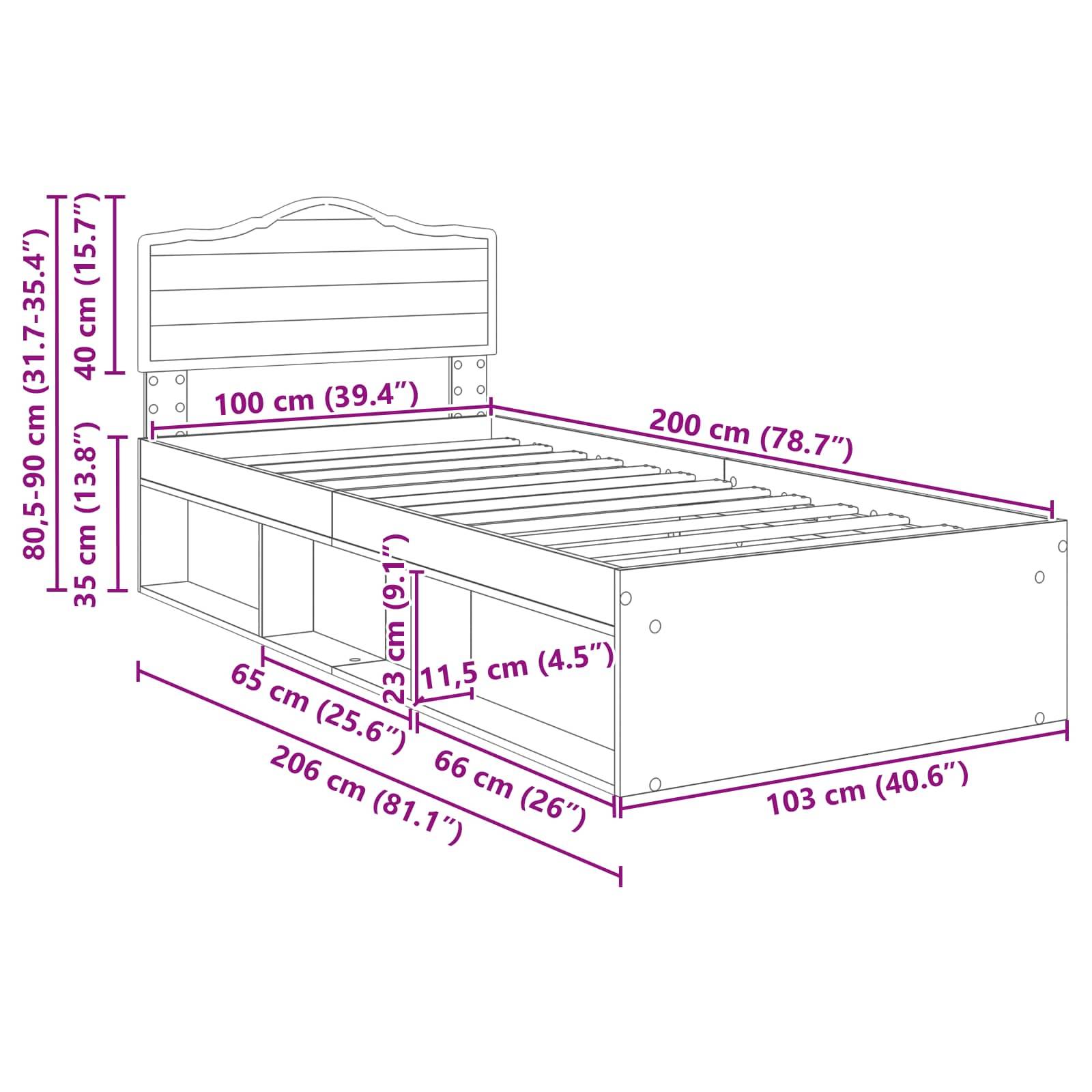 Diagramm eines Bettgestells mit Abmessungen: Höhe 80-90 cm, Breite 100 cm, Länge 200 cm. Stauraum darunter: 65 cm breit, 15 cm hoch.