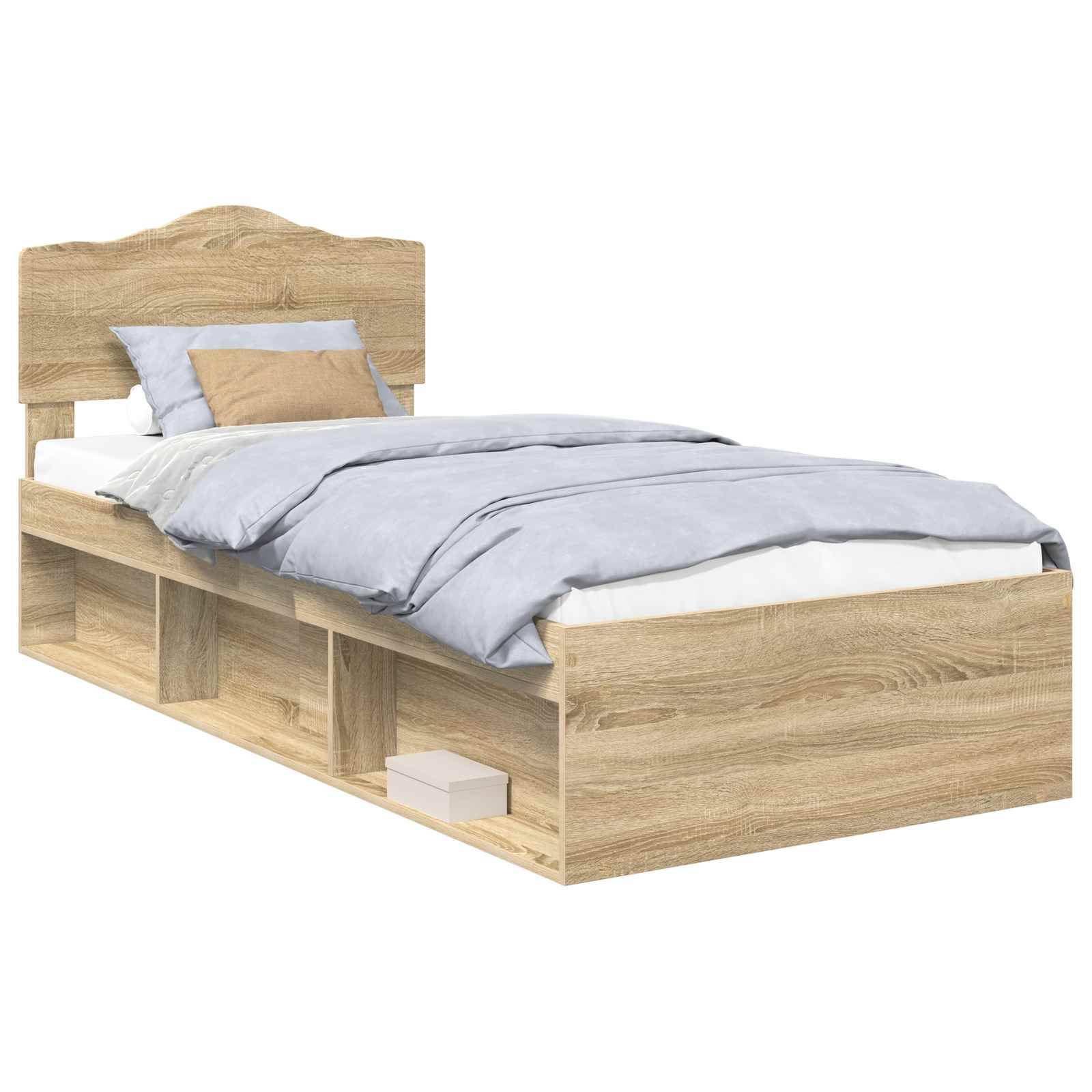 Holzbett mit dekorativem Kopfteil, hellblaue Bettwäsche, zwei Kissen. Stauraum-Fächer und ein Buch darunter.