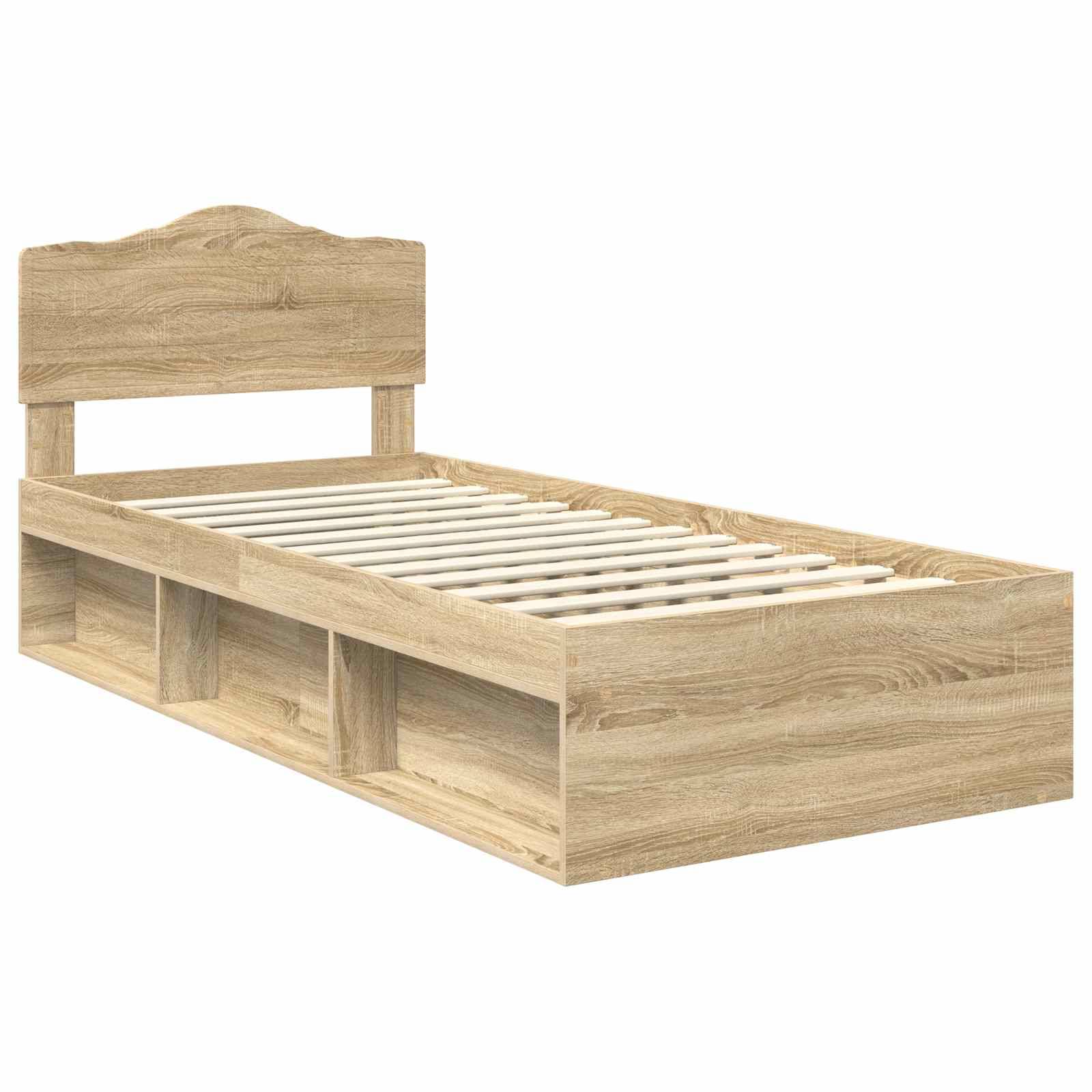 Ein Holz-Einzelbettgestell mit integrierten Stauraummöglichkeiten unter dem Bett. Das Design verfügt über einen schlichten Kopfteil und eine Lattenrost-Basis.