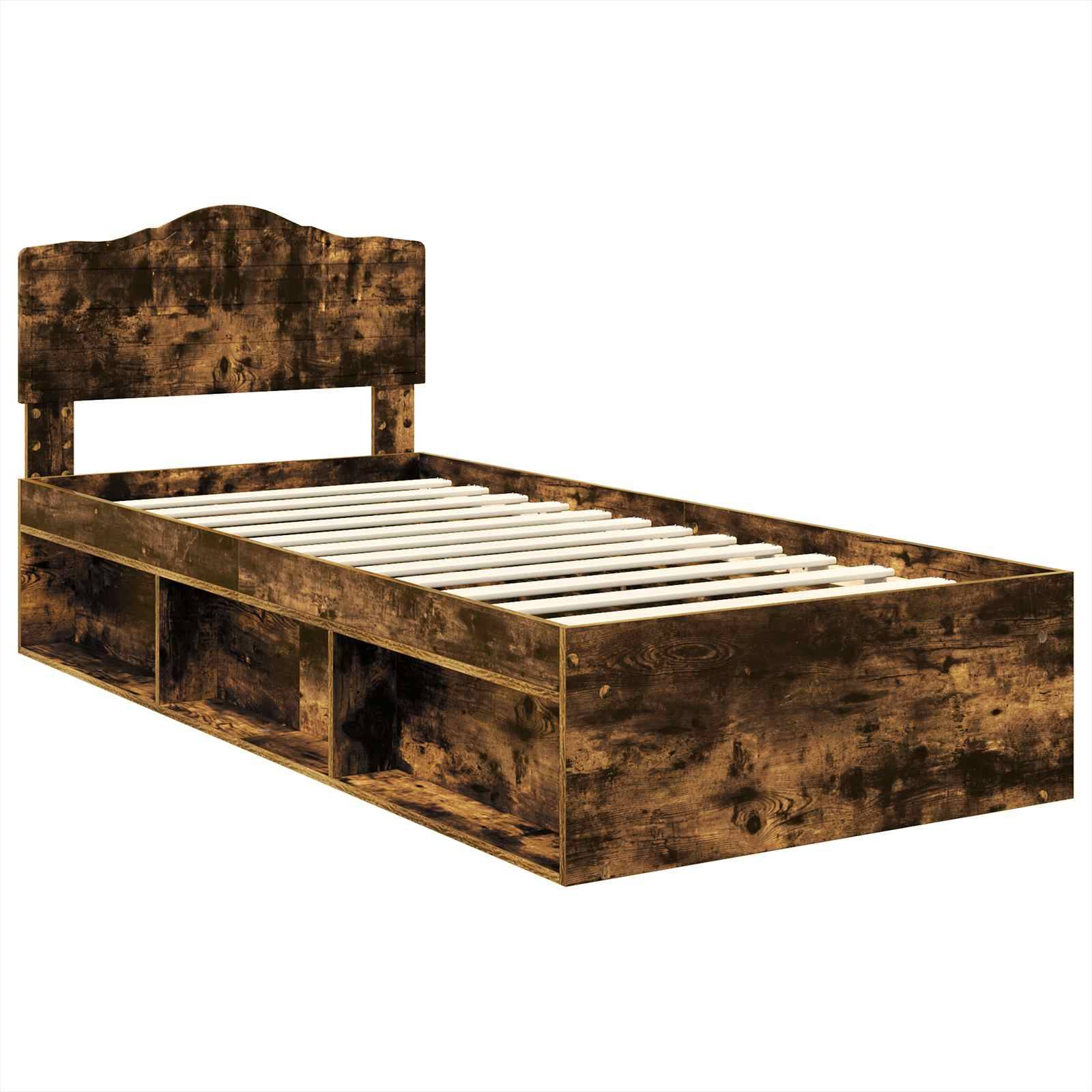 Ein Holzbettgestell mit Stauraummöglichkeiten und einem Kopfteil, das eine rustikale braune Oberfläche aufweist.