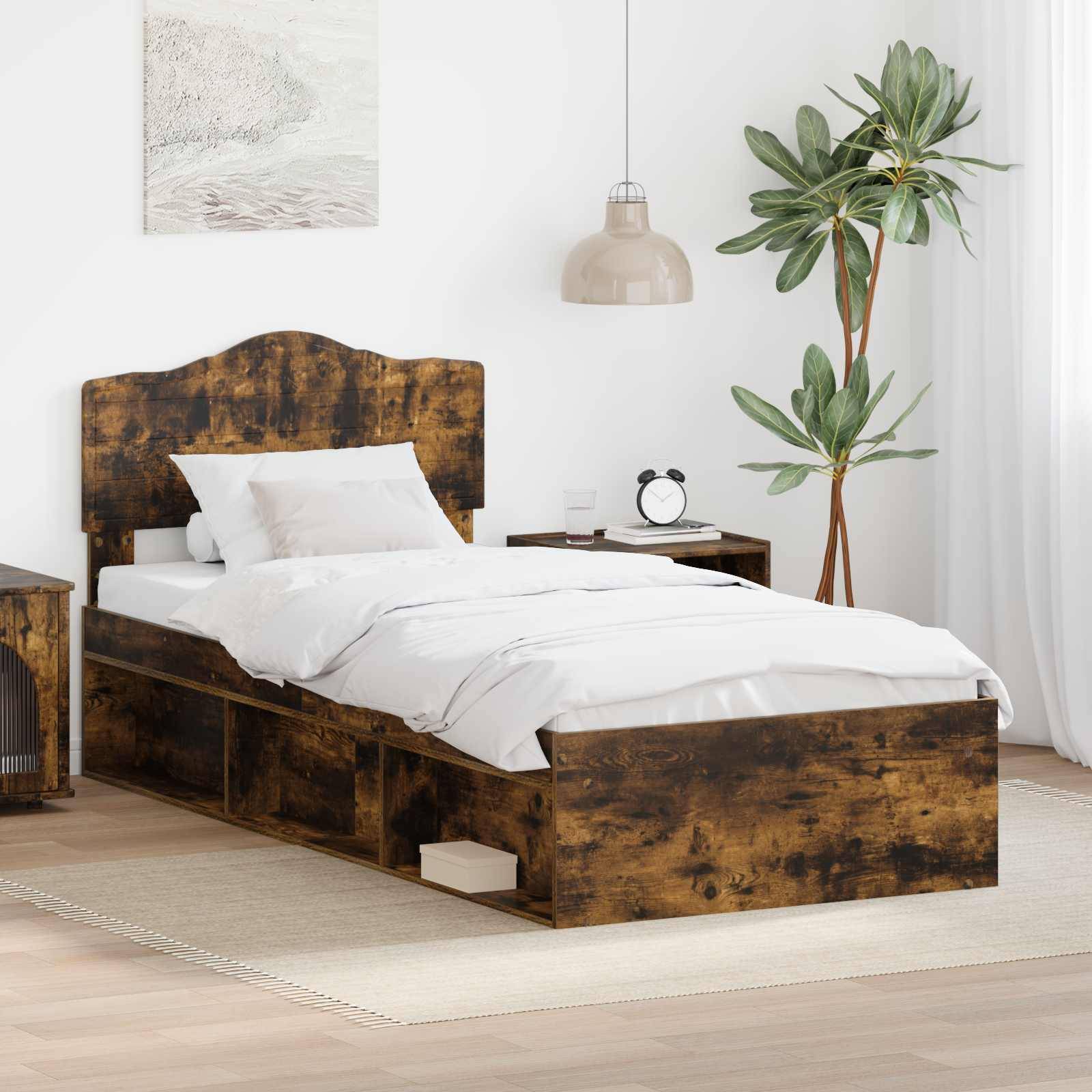 vidaXL Bettrahmen Geräucherte Eiche 90 x 190 cm Massives Kiefernholz