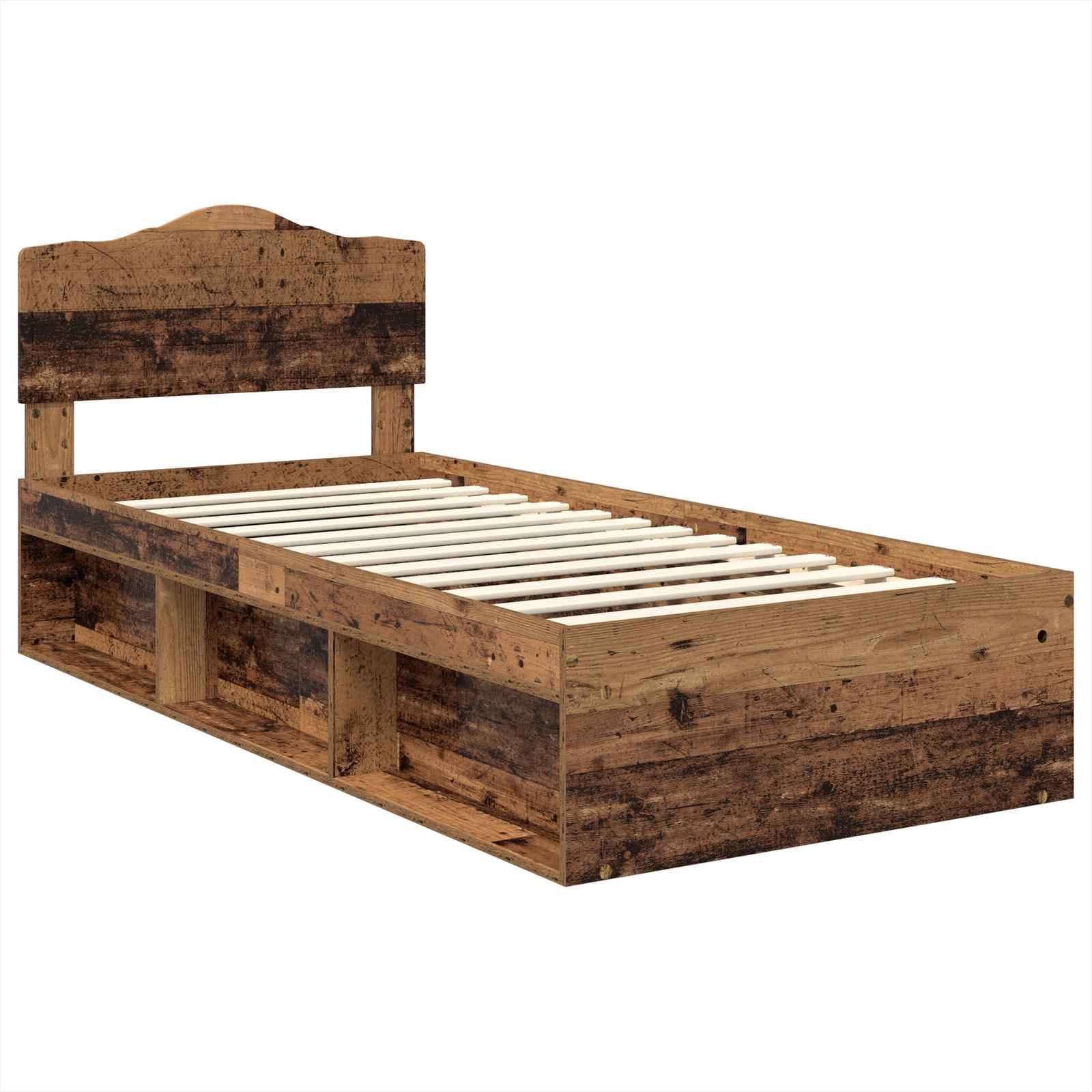 Ein Holz-Doppelbett mit rustikaler Oberfläche und Stauraummöglichkeiten unter dem Bett, speziell für Kinderzimmer konzipiert. Ohne Matratze.