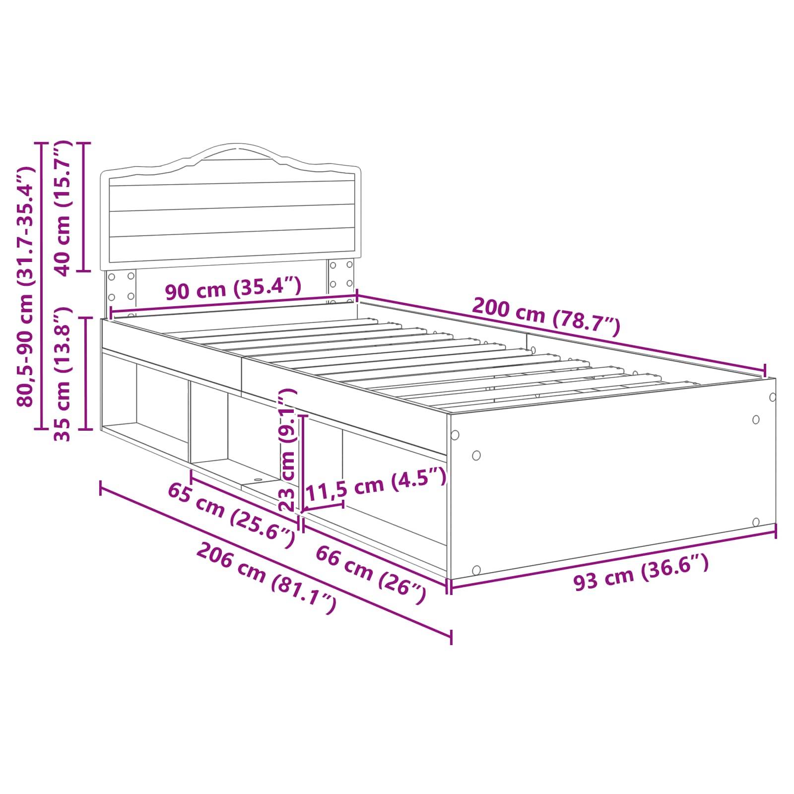 Holzbettgestell mit Kopfteil und Ablageregalen Maße: Länge 206 cm, Breite 93 cm, Höhe 80,5-90 cm, Tiefe 58 cm.