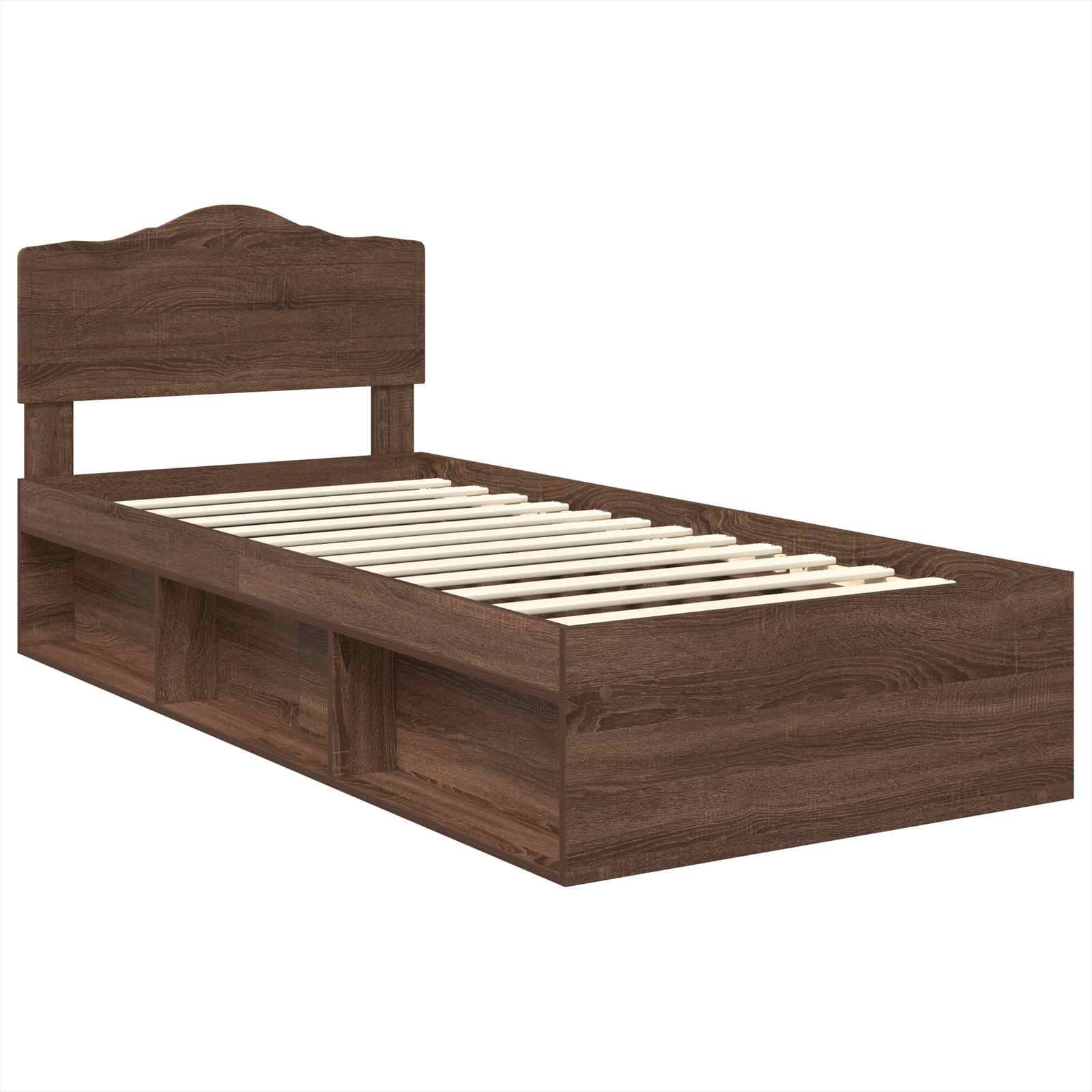 Ein Holzbettgestell mit Kopfteil und integrierten Ablageregalen an den Seiten, ausgelegt für eine Einzelmatratze, aus einem schrägen Blickwinkel gezeigt.