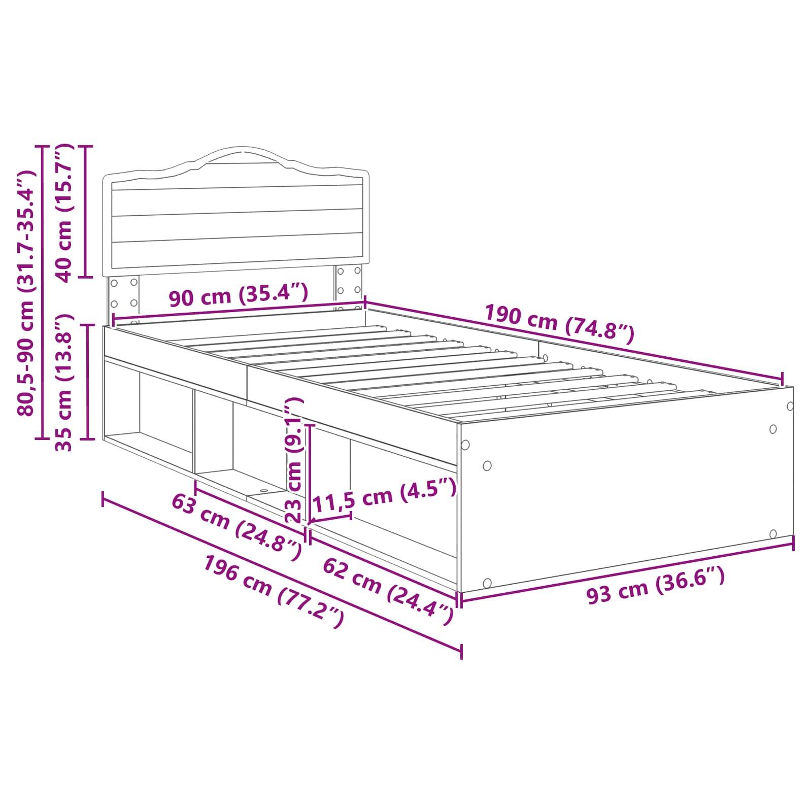 Ein Bettgestell mit Stauraum mit den Abmessungen: 196 cm lang, 93 cm breit und 80,5-90 cm hoch. Inklusive Regal- und Schubladenmessungen.