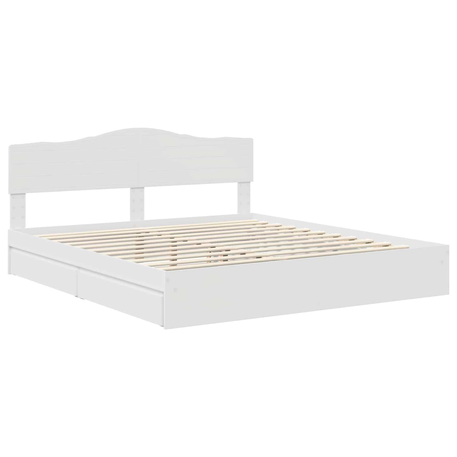 Ein weißer Holzbettrahmen mit einem schlichten Kopfteil und einer Lattenrost, geeignet für eine Matratze, in einem klaren, minimalistischen Stil dargestellt.
