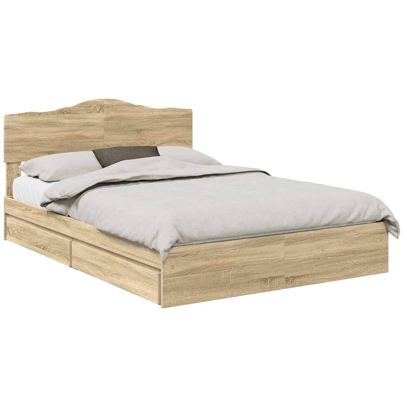 Ein Holzbett mit geschwungenem Kopfteil, weißen Bettwäsche und zwei Staurageschubladen darunter, das ein modernes, minimalistisches Design aufweist.