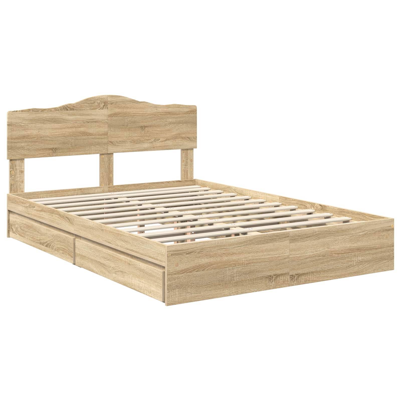 Ein Holzbettgestell mit einem schlichten Kopfteil und Lattenboden, ausgelegt für eine Doppelmatratze. Helle Holzoberfläche, minimalistischer Stil.