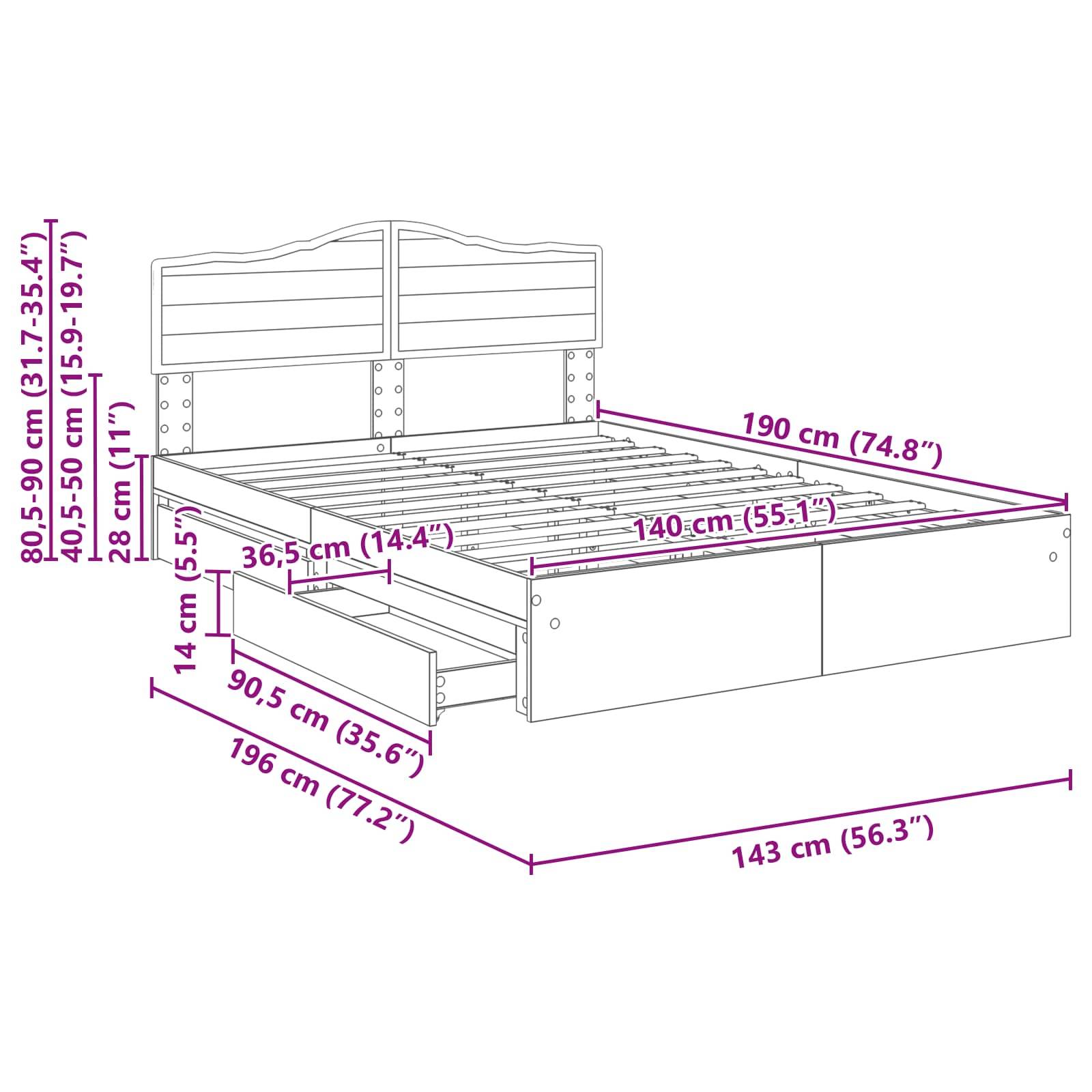 Schematische Darstellung eines Bettgestells mit Abmessungen: 190 cm Länge, 140 cm Breite und 14 cm Höhe. Ausgestattet mit zwei Schubladen. Zusätzliche Kopfteilhöhe: 80,5-90 cm.