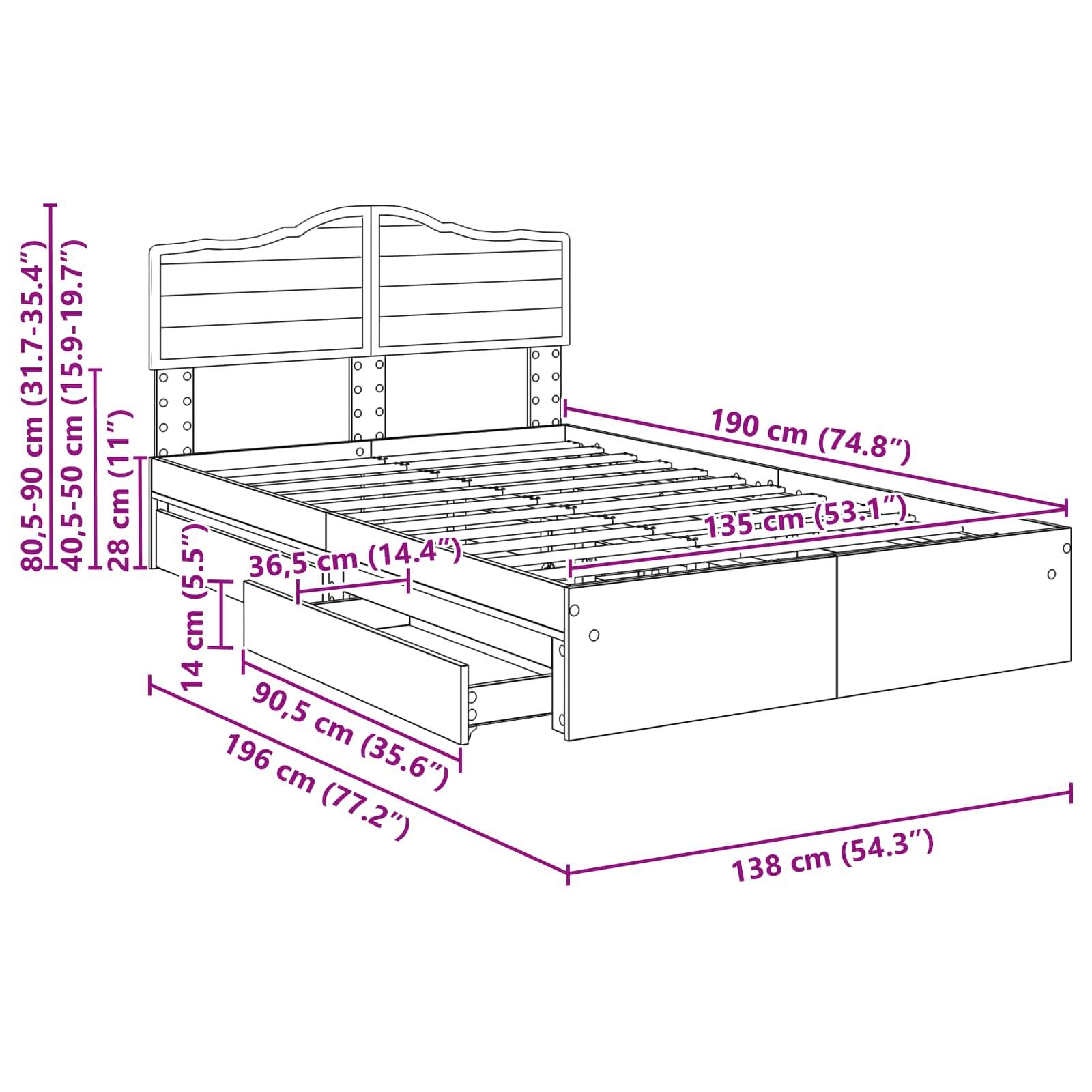 Bettrahmen-Diagramm mit Abmessungen: Höhe 31,5-35,4 Zoll, Länge 77,2 Zoll, Breite 54,3 Zoll. Inklusive Aufbewahrungsschubladen.