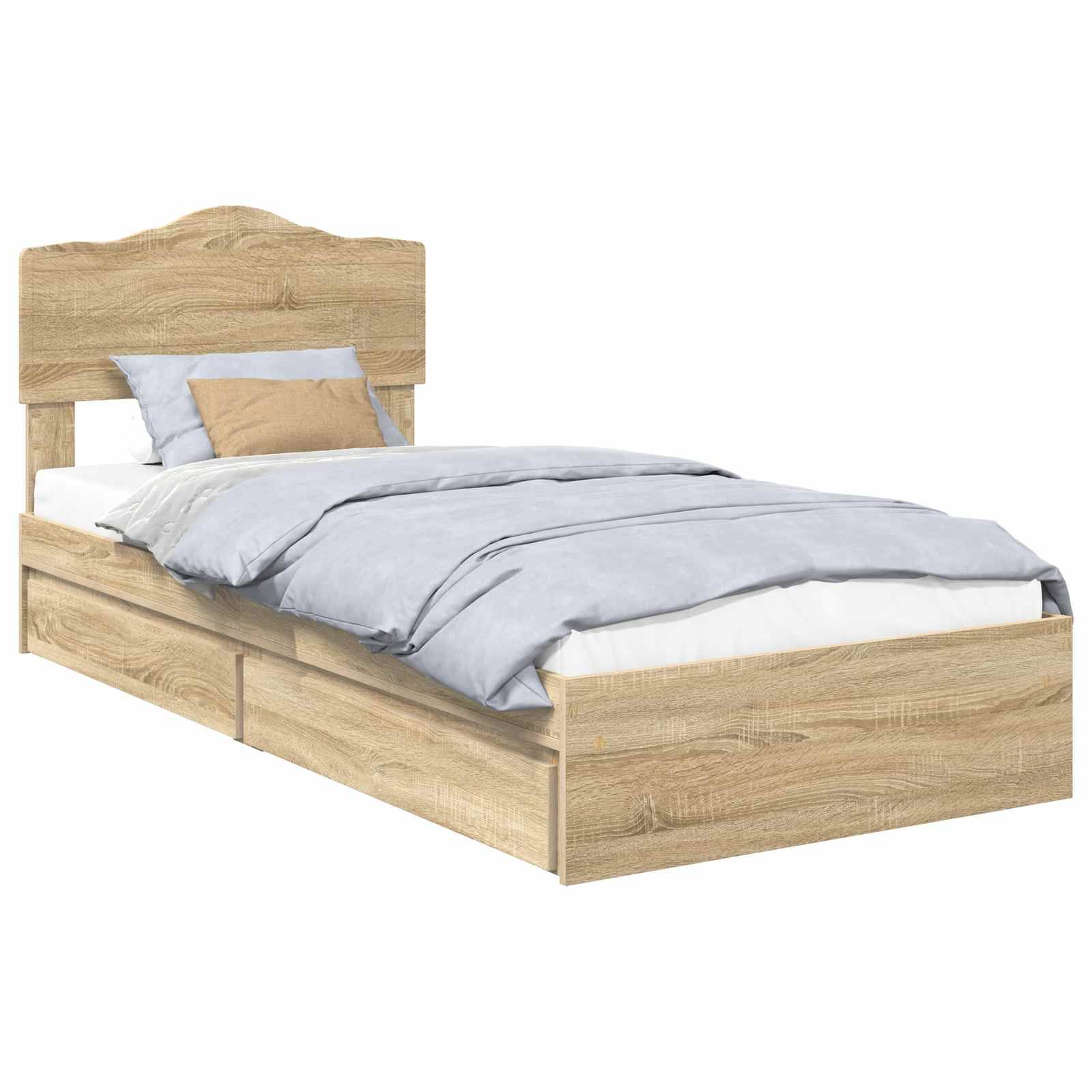 Ein Holz-Doppelbett mit heller Holzoberfläche, das eine hohe Kopfstütze und zwei Aufbewahrungsschubladen darunter aufweist. Das Bett ist mit hellblauer Bettwäsche und einem beigen Kissen bezogen.