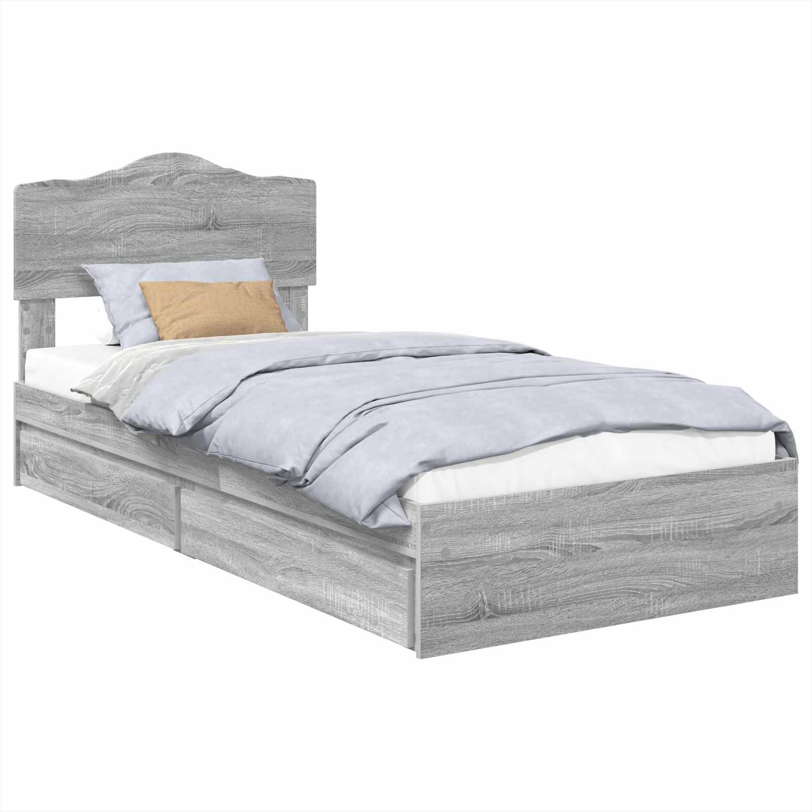 Ein minimalistisches graues Holz-Zwillingsbett mit einem schlichten Kopfteil, hellblauen Bettwäsche und zwei Staurageschubladen darunter, vor einem weißen Hintergrund.